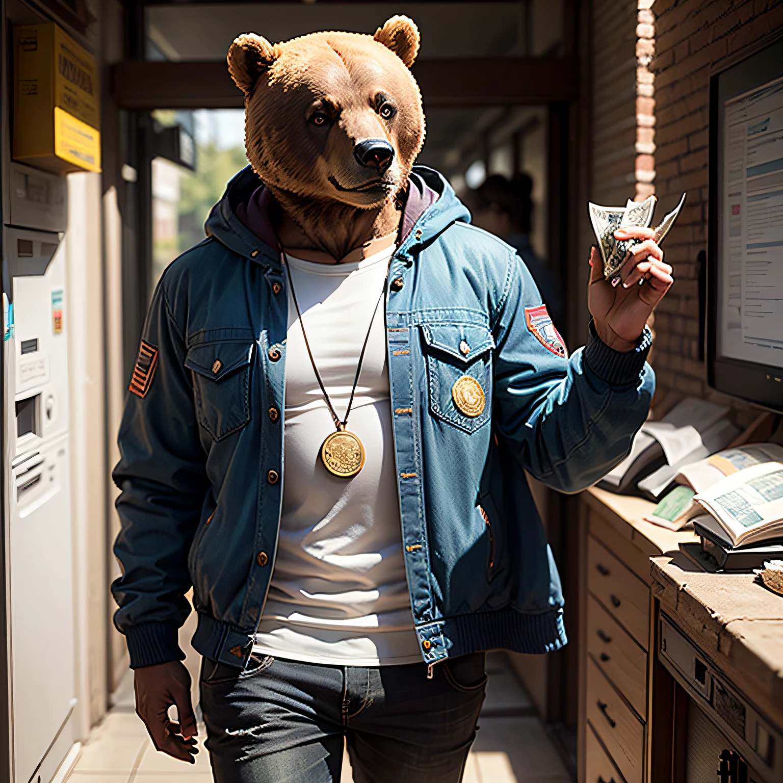 Bear dressed in a jacket with money in hand --auto