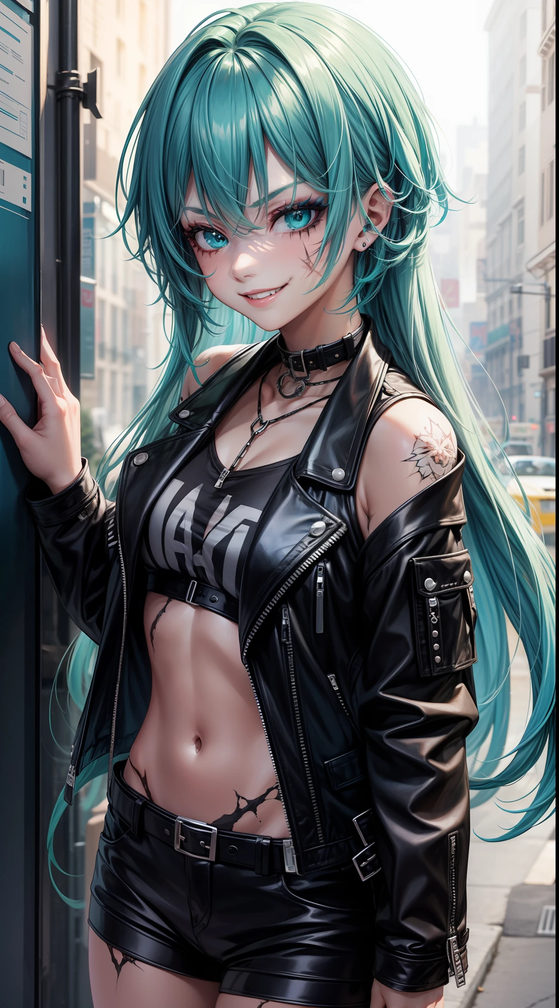young girl, long turquoise hair, punk haircut, turquoise eyes, Scars, punk make-up, leather jacket, Burns, ripped clothes, madness, smirk, Masterpiece, highly quality