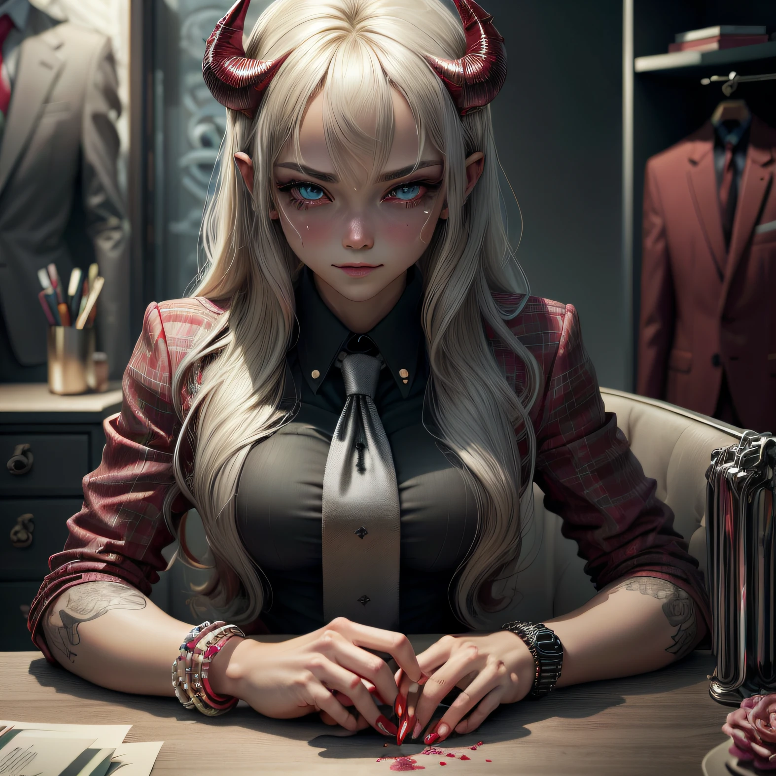 (((Demon girl))),((( skin colored red))), sarcastic smile, Pele vermelha, Busto exageradamente grande, (((clothes suit and tie))), doces a mesa, (((cabelo preto chanel e roxo))), Fotorealista, olhos puxados, office environment in the background, sentado em uma mesa, pele vermelha realista, roupas formais, sleep expression.