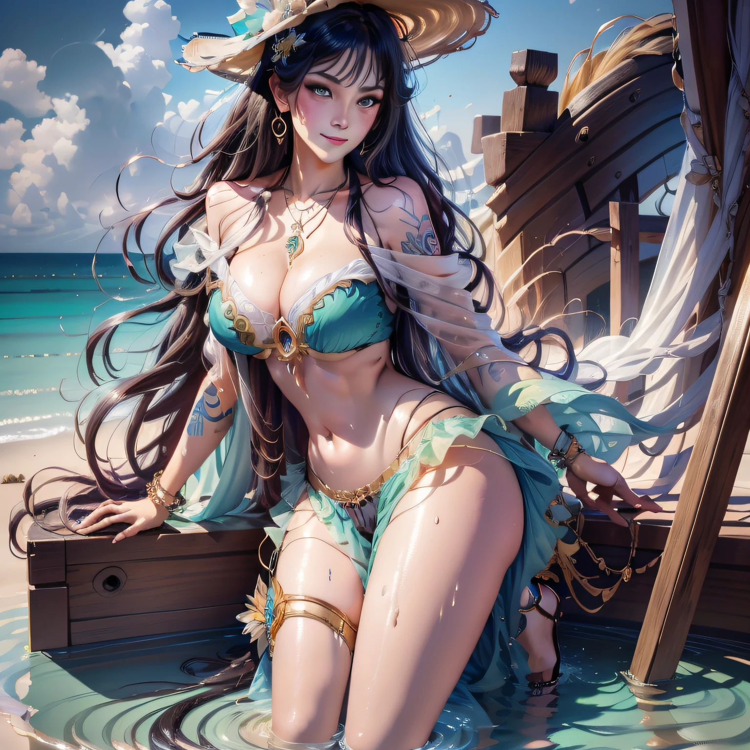 (masterpiece: 1.2, best quality), (full body), See-through clothing, wide-brimmed hat, strappy sandals, Accessories: shell necklace, Hair: loose beach waves, Makeup: natural, glowing skin, Demeanor: relaxed , carefree, free-spirited, Location: beach, resort, open-air festival, beautiful small tits, full body, Jean-Baptiste Monge style, close-up, beautiful woman in the water on the beach, splashes, magic lights, WLOP , Artgerm and James Jean , by Pascal Blanche Rutkowski, Repin Artstation, Art of Aquirax, 8k, epic, sharp focus, hyper realistic painting, detailed character design concept art, matte painting, beautiful Caucasian girl closeup full body painting oil painting, reddish stormy sunset sky, rough abstract waves, concept art, skin wet with water, water drops, bubbles and wavy foam, digital art, glowing, cinematic, perfect glowing big eyes, filigree, surreal, fantasy , goddess of the sea, volumetric lighting", "Best Quality" , "Masterpiece, Sakimichan-style girl art, slight smile, pubic hair view, 1 sexy girl in transparent beachwear, bare breasts, open transparent T-shirt, tattoos of mandala and flowers, best quality, long curly black hair, long cascading hair, long curly hair, transparent bikini, black bikini, beautiful girl in short bikini beautiful pubic sight,