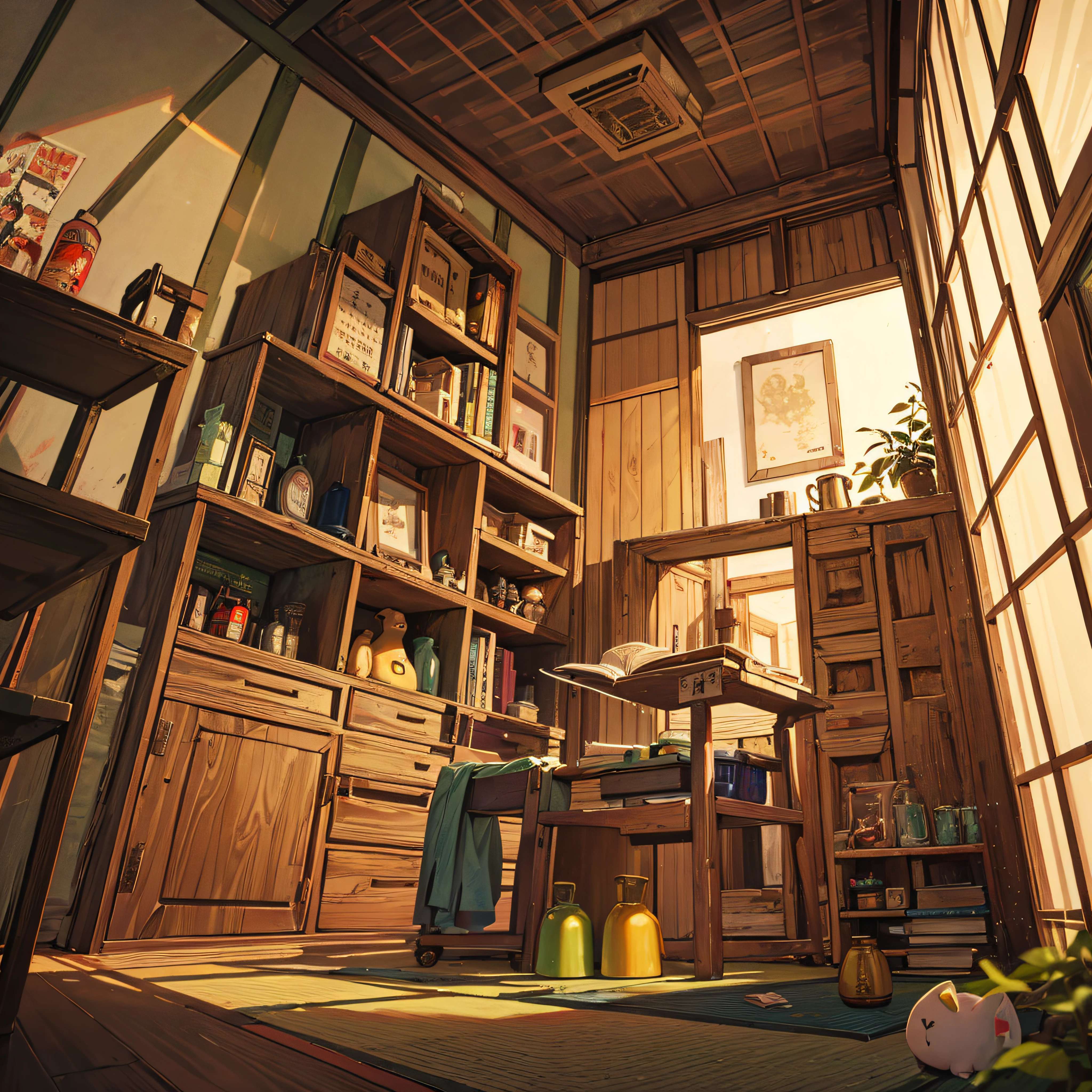 An abandoned house that seems to be inhabited by manga artists who can't sell、Tatami room、Apartments in Showa、traditional Japanese room、Showa period furniture、Stacked books、book shelf、Surreal and highly detailed illustrations、Image with objects very loaded、Viewpoint from below、Walls with cracks、a trash can、wood wall、Gray and dark walls、 Empty box、Damaged walls、Dim lighting、Very dark landscape shadows、moisture、plushie、wooden、Toys、cute little、Lots of green empty bottles、cupboard 、natta --auto