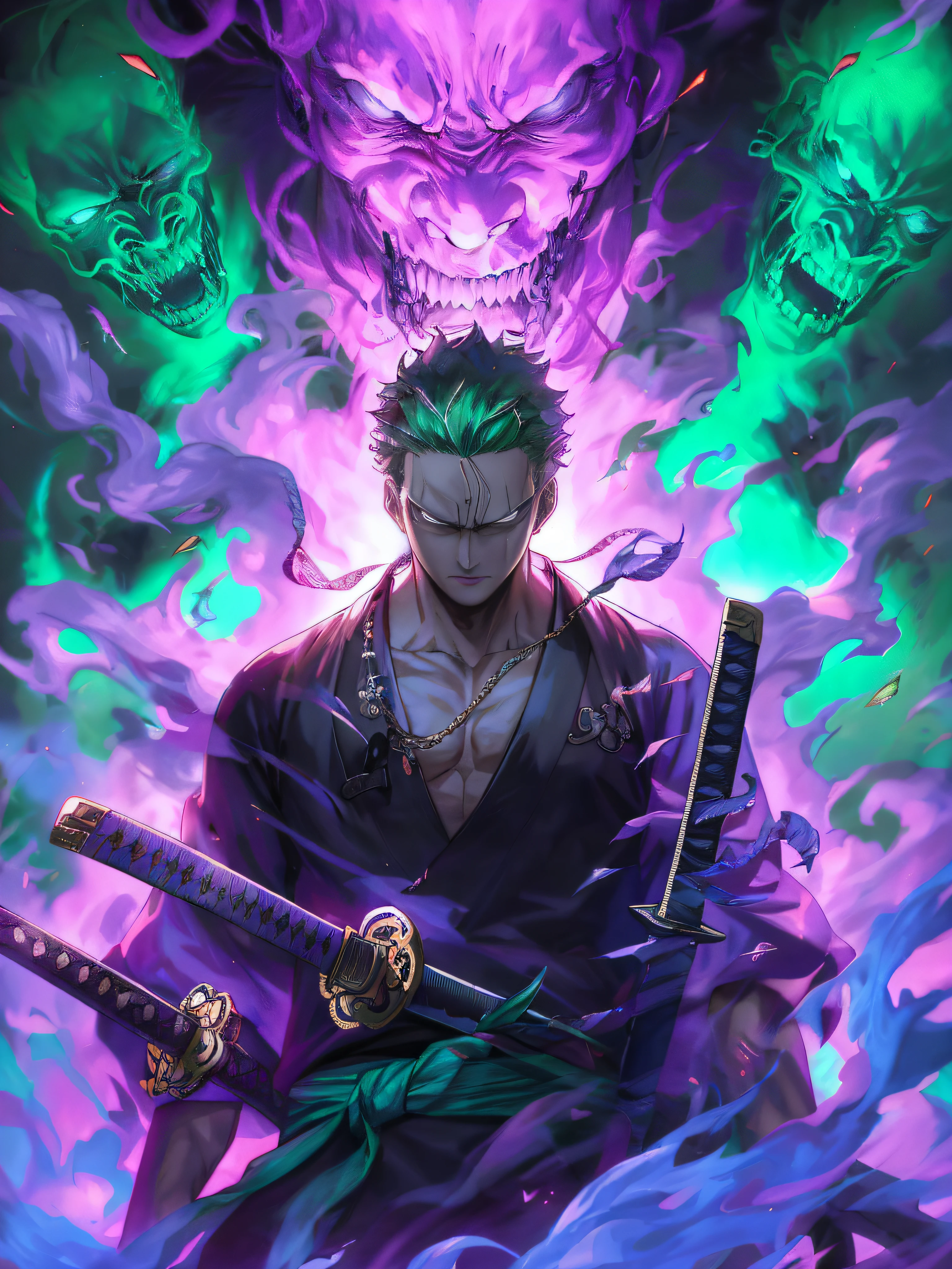 a close up of a person holding two swords in front of a demon, badass anime 8 k, roronoa zoro, handsome guy in demon slayer art, anime wallpaper 4 k, anime wallpaper 4k, 4 k manga wallpaper, anime art wallpaper 4 k, anime art wallpaper 4k, 4k anime wallpaper, anime epic artwork, anime style 4 k