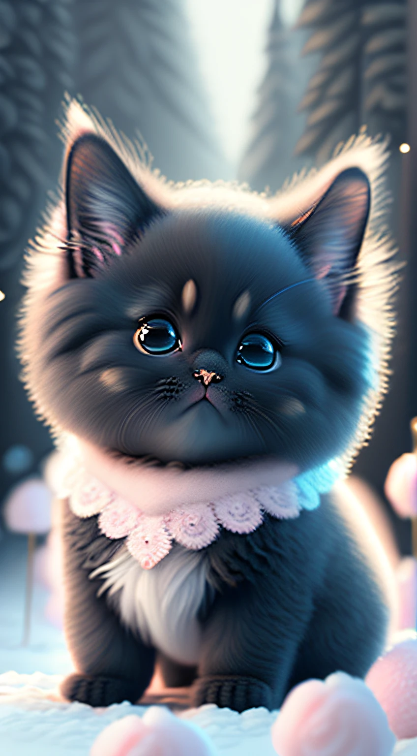 Nesta arte CG ultra-detalhada, Cute black kittens surrounded by ethereal roses, risos, melhor qualidade, alta resolução, detalhes intrincados, fantasia, animais bonitos, roxo, humorous, boca aberta, 8k, olhar comovente.