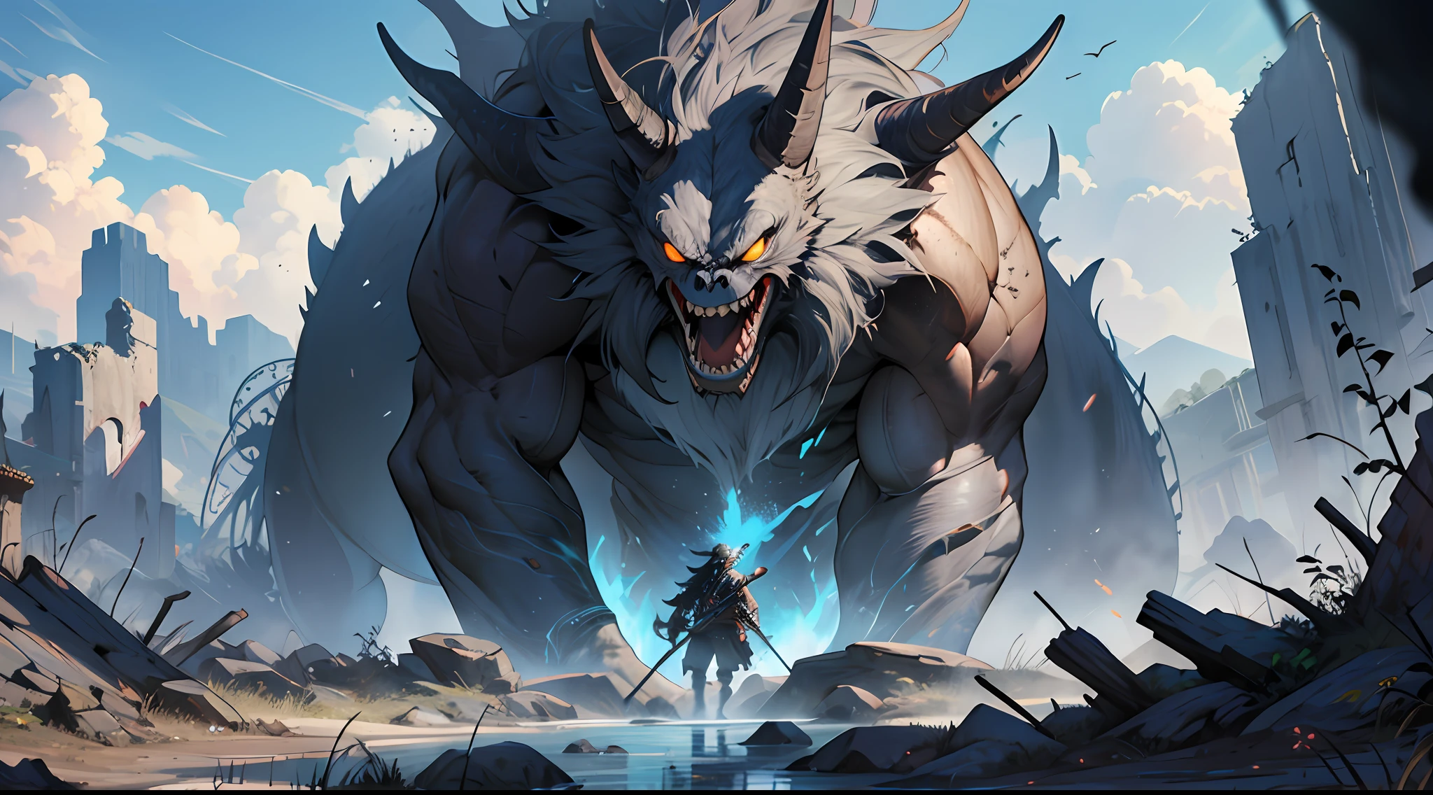 A blue spring emerges from the ground，The monsters became more and more furious，Black smoke，It was surrounded by a ruined landscape, 32K, Best quality, 巨作, Super detail, High Details