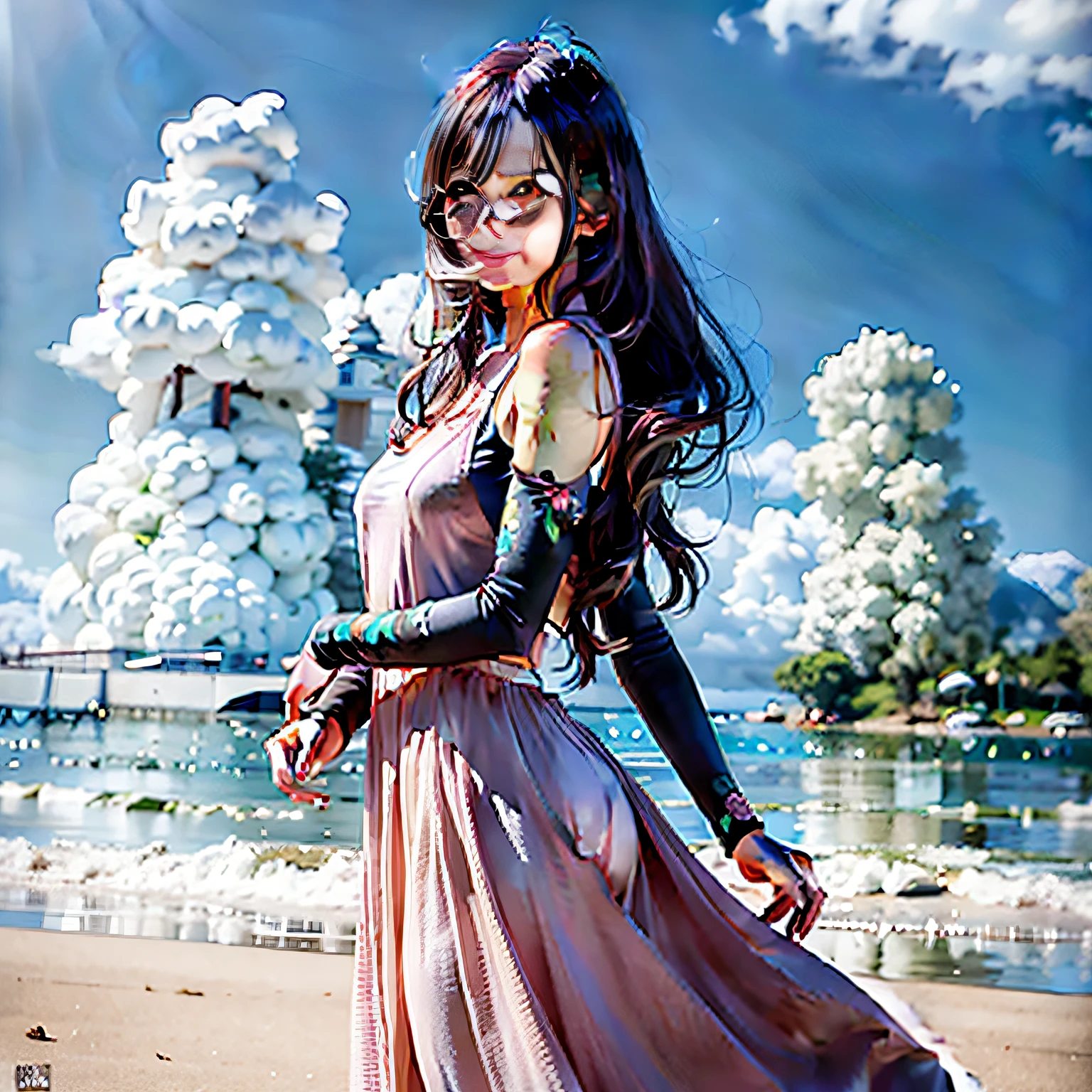 (Realistic anime 3D style，Smiling girl in pink dress on beach:1.2),(A cute and humble 3D anime girl rendering AND green plant details AND full body details),(Strong sunlight:1.1)，Paired with a refreshing green backdrop,Make the picture more vivid。