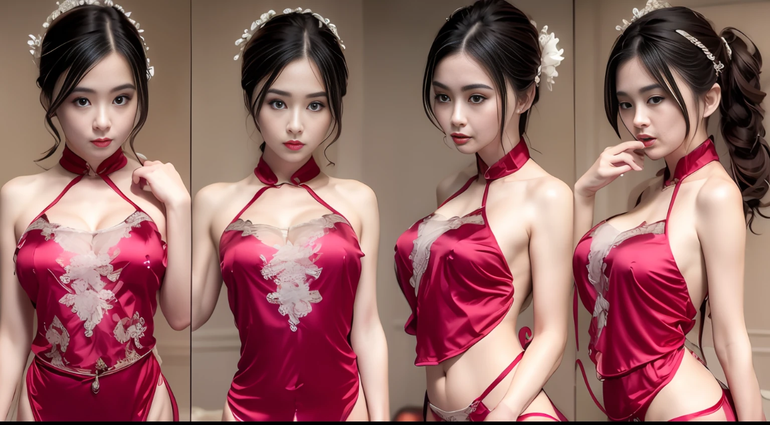 A lady in low-cut silk pajamas, open neckline, front face, slim figure, medium bust, bust, continuous shot, front view, left view, right view, rear view, right top side light, film quality, 16K