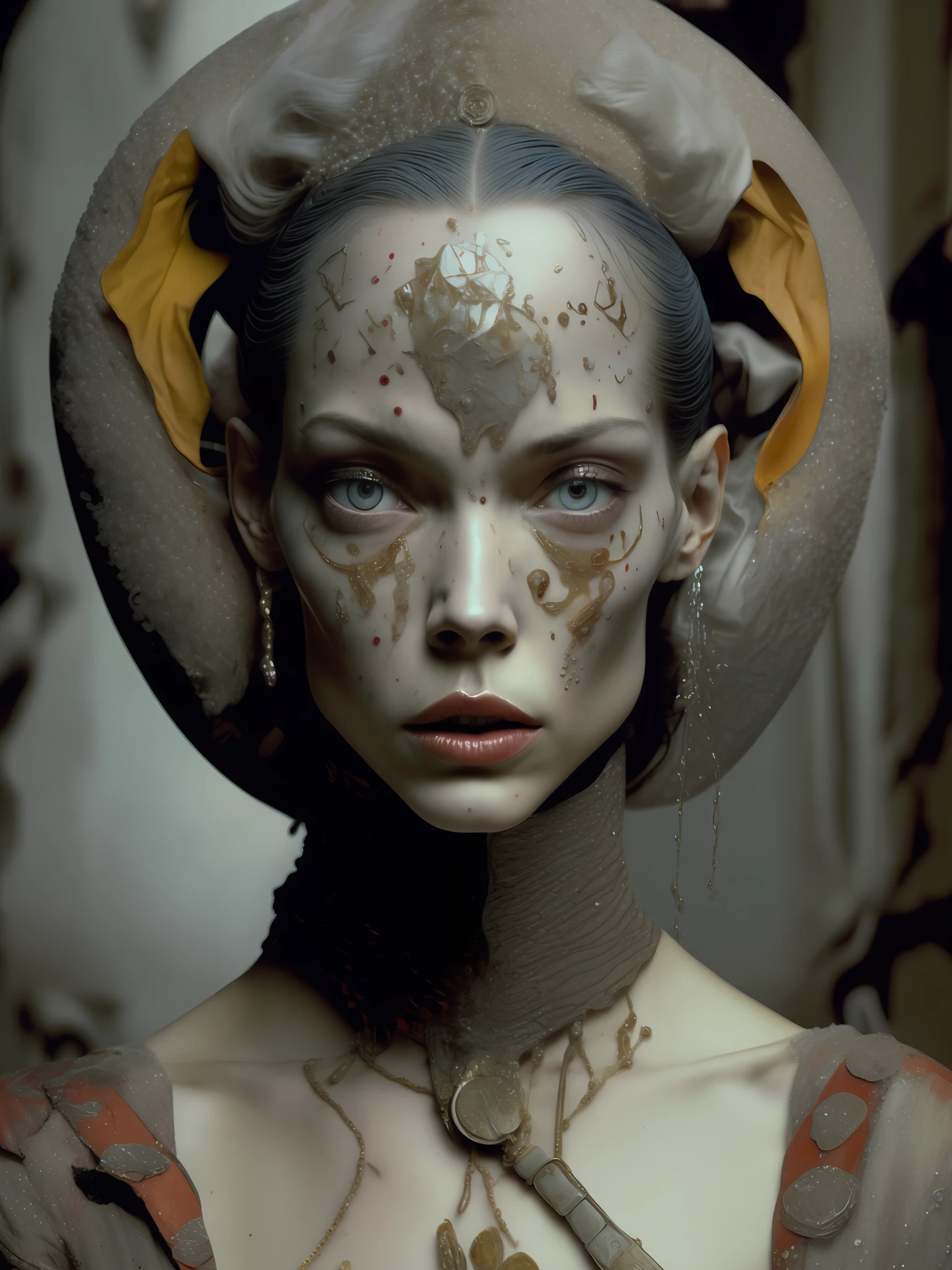 Mulher gritando em fundo preto manchado de sangue cut por Jean Paul Gaultier , fotografia profissional, photographed by Erwin Olaf, cinematic photography with epic lighting + fotos tiradas por Erwin Olaf, fotos tiradas por hasselblad + incrivelmente detalhado, nitidez, detalhes + Professional lighting, photography lighting + 50mm, 80mm, 100m + galeria lightroom + fotografias behance + unsplash