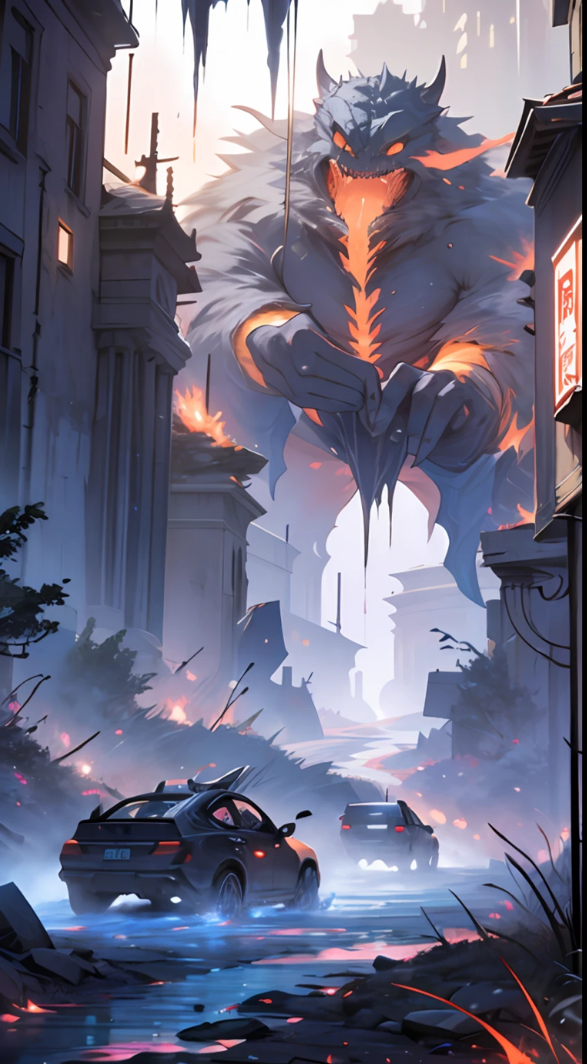 A blue spring emerges from the ground,The monsters became more and more furious,Black smoke,It was surrounded by a ruined landscape, 32K, Best quality, 巨作, Super detail, High Details