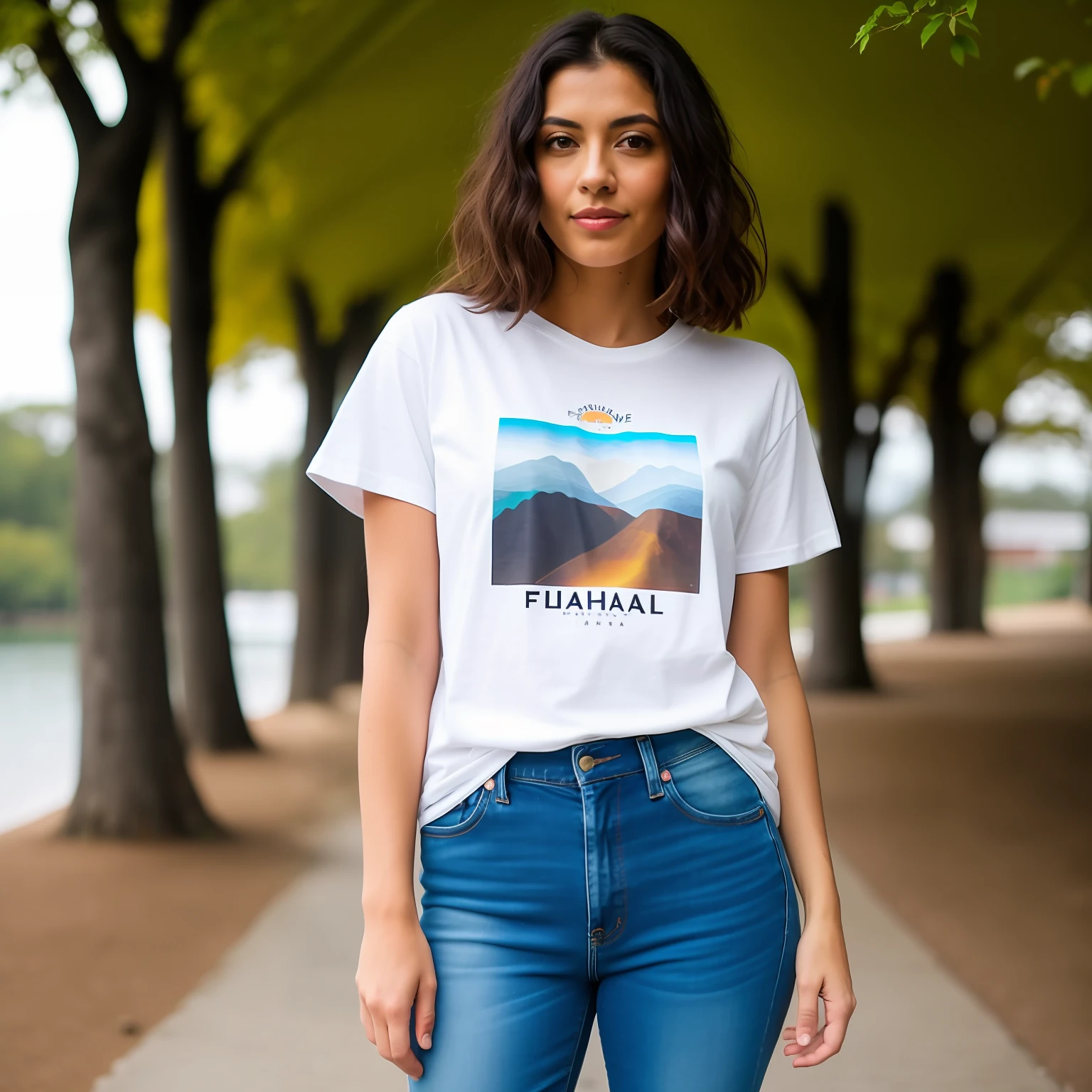 Foto RAW, Woman in white T-shirt and jeans, Hands in pockets, modelo de camiseta branca, (pele altamente detalhada: 1.2), 8k uhd, dslr, soft ilumination, alta qualidade, grain of film, Fujifilm XT3, looking-into-camera, ((vista frontral)), ((centralizado))