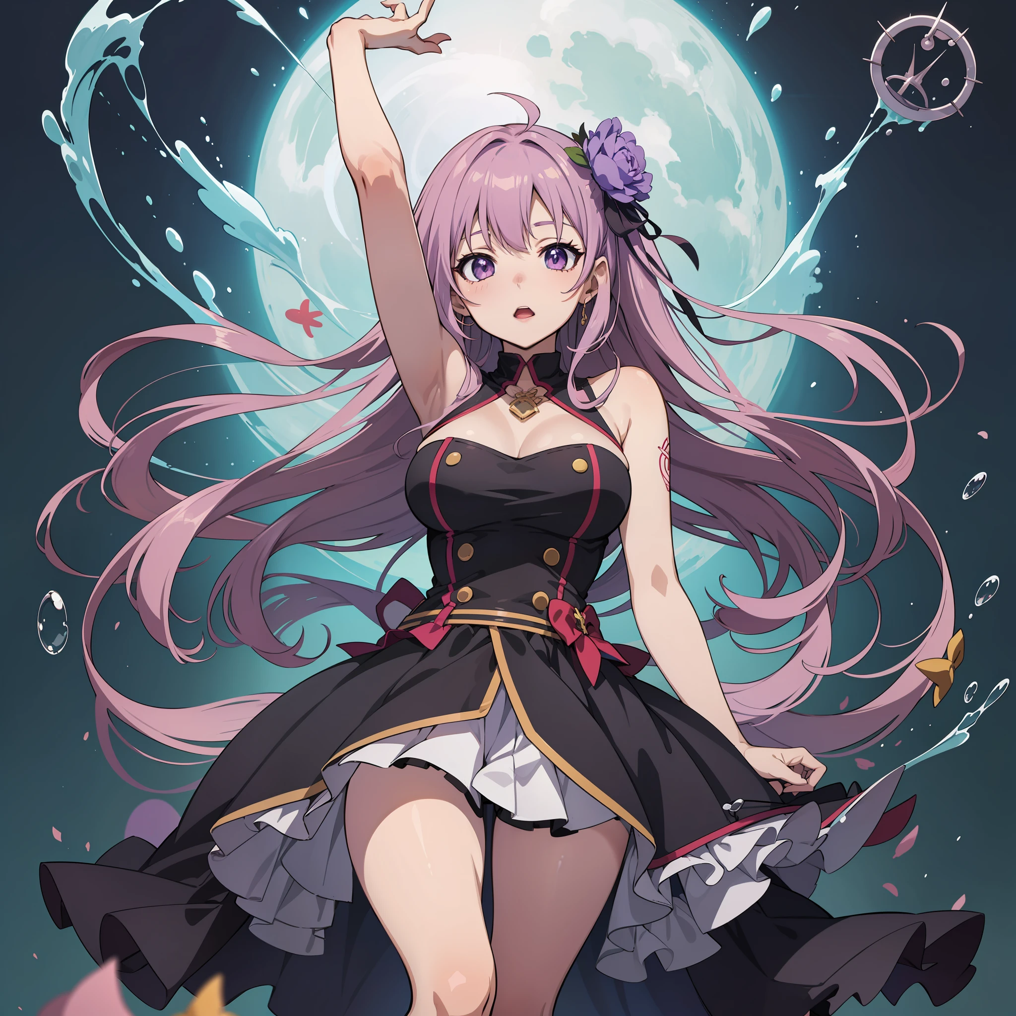 a close up of a person in a dress with a microphone, anime moe artstyle, nightcore, official artwork, anime style 4 k, cute anime waifu in a nice dress, seductive anime girl, official anime artwork, hajime yatate, splash, anime best girl, tight dress, skinny, purple hair,