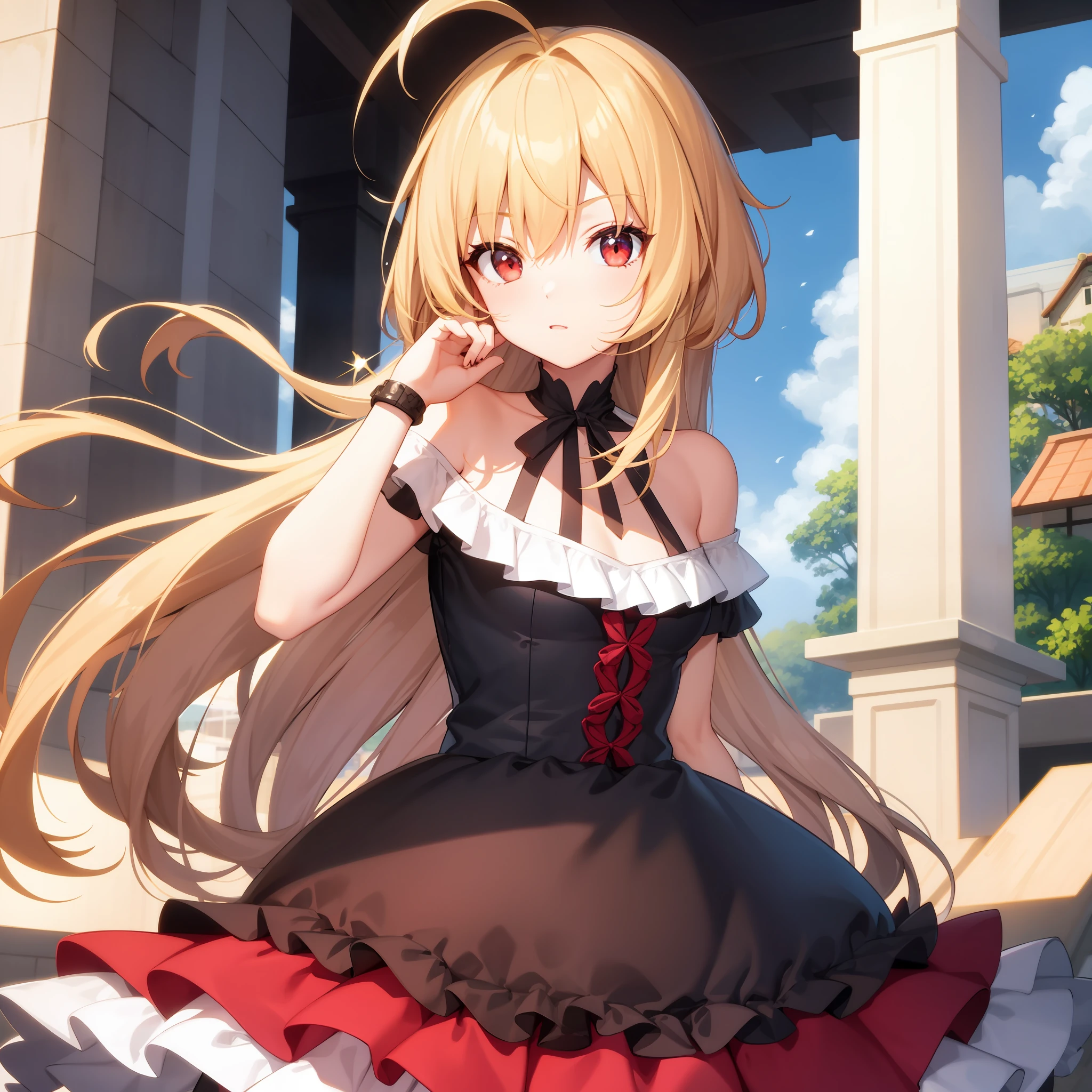 animated cartoon、Blonde and red-eyed girl、Fluffy dresses