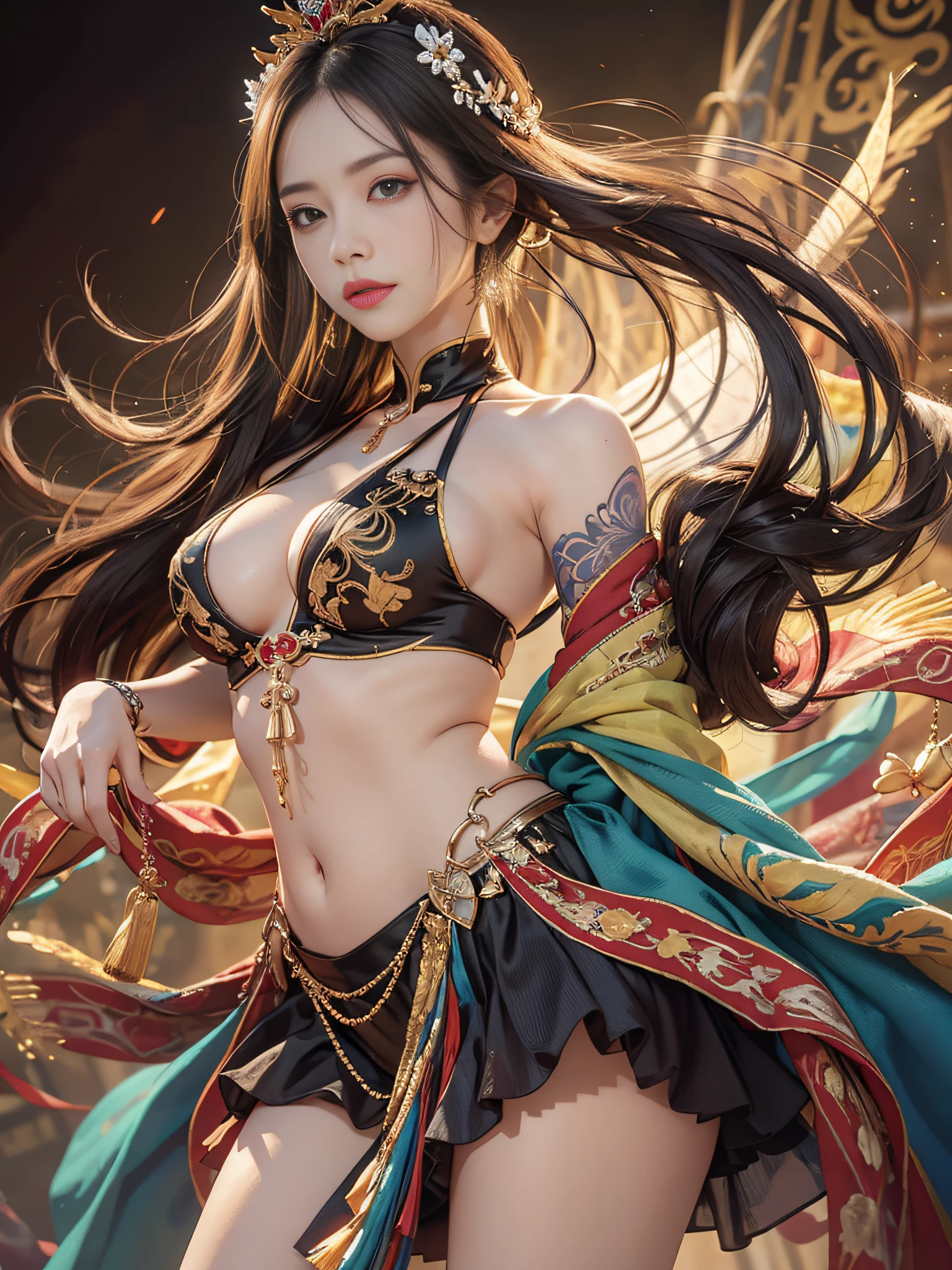 best quailty,masterpiece,((Ultra-detailed high resolution)),(realistic pubic hair:1.4),OriginalPhoto,,illustratio,1girl huge large breasts,handheld weapon,(Solo exhibition:1.2),(cowboy lens:1.2),(Hair crown:1.2),Traditional costumes of Dunhuang, China,No shoulder strap,(Red eyeliner:1.2),(Black eyes:1.4),耳Nipple Ring,Dynamic angle,opera house,messy_long_hair,ink,电影灯光,lens_flare,velvet,chrysanthemums,tassels,ribbons,color embroidery,Upper body body,facing at camera,dynamicpose,Large,Embroidered cloth shoes