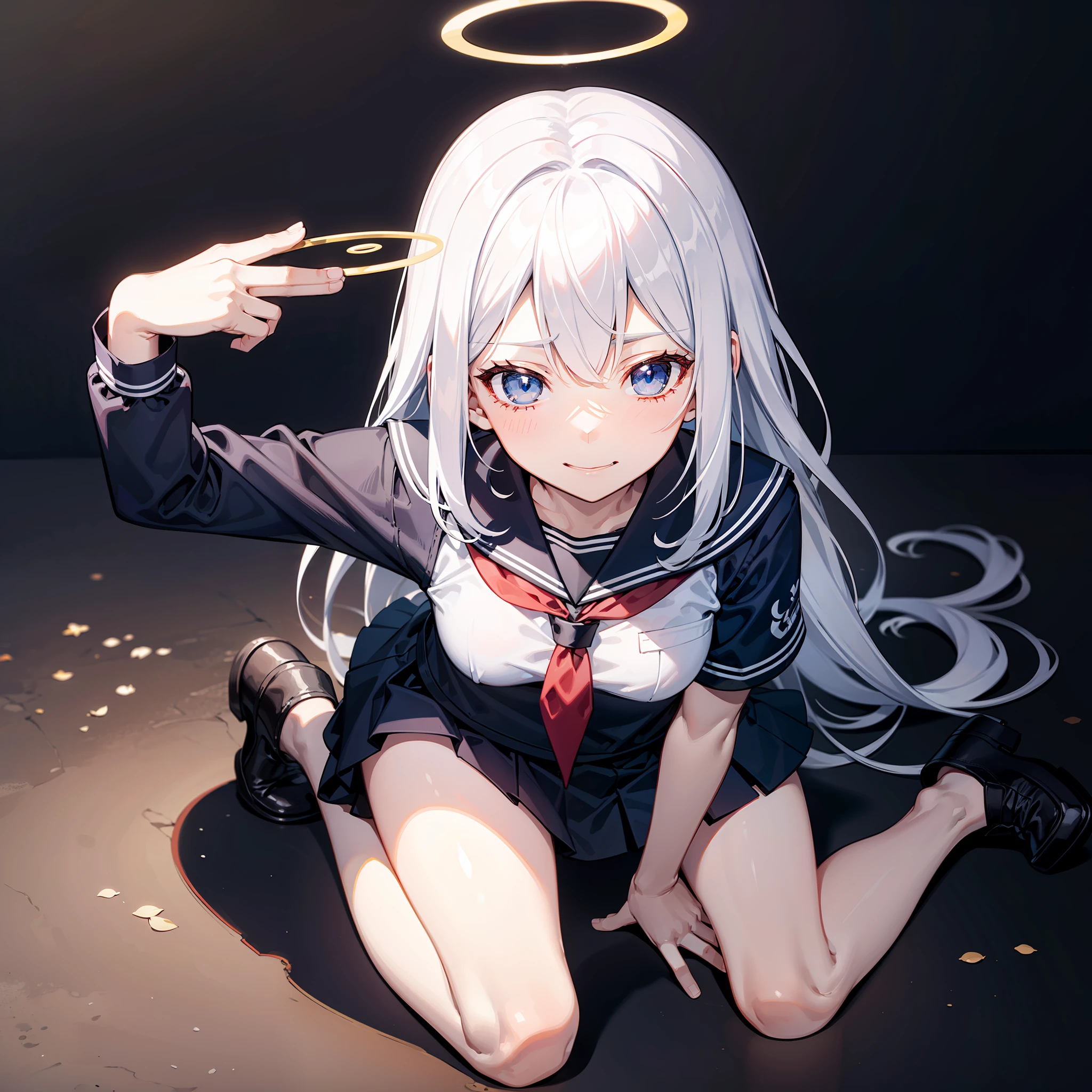 巨作, Best quality, 巨作,Best quality,offcial art,Extremely detailed CG unity 8k wallpaper, crepuscular, strong rimlight, intense shadow, Game_CG, girl, hair between eye, Blue eyes, Small breasts, tsurime, Long hair, White hair, Putting up with_face, Kneeling, Smug,, serafuku,fullllbody,,metal halo,a glowing halo,finger gun