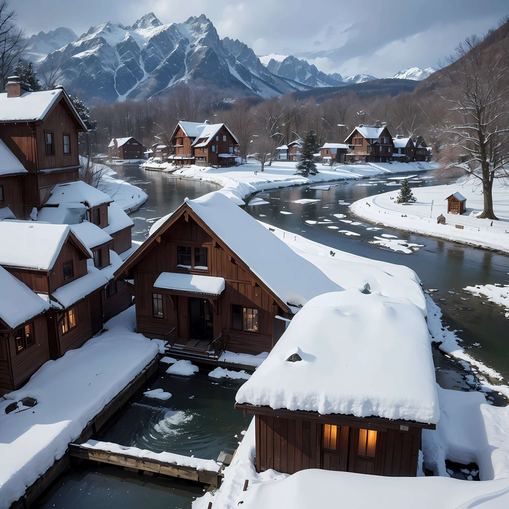 Village in winter, cottage house covered in snow, epic winter landscape with a stream, sparkle, warrior art nouveau, matte painting, bright colors, concept art by Greg Rutkowski --auto