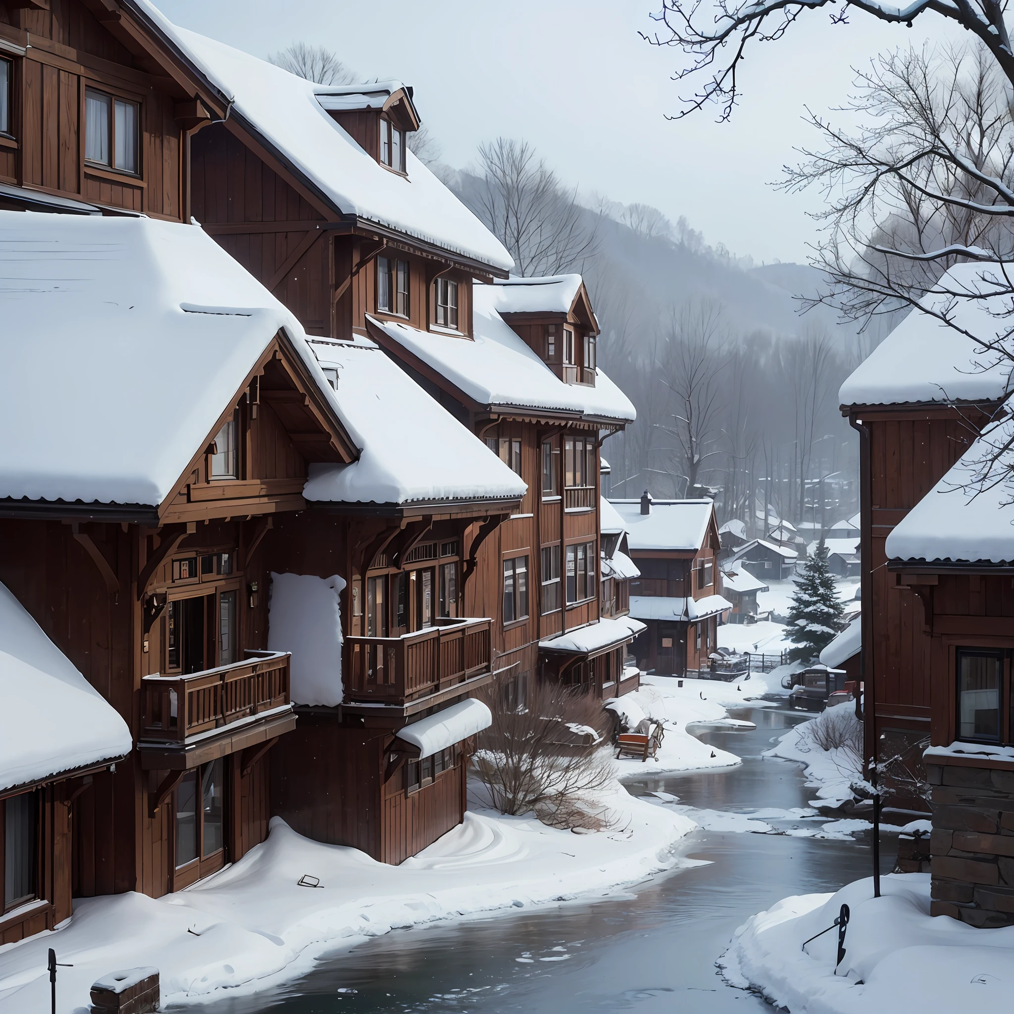 Village in winter, cottage house covered in snow, epic winter landscape with a stream, sparkle, warrior art nouveau, matte painting, bright colors, concept art by Greg Rutkowski --auto