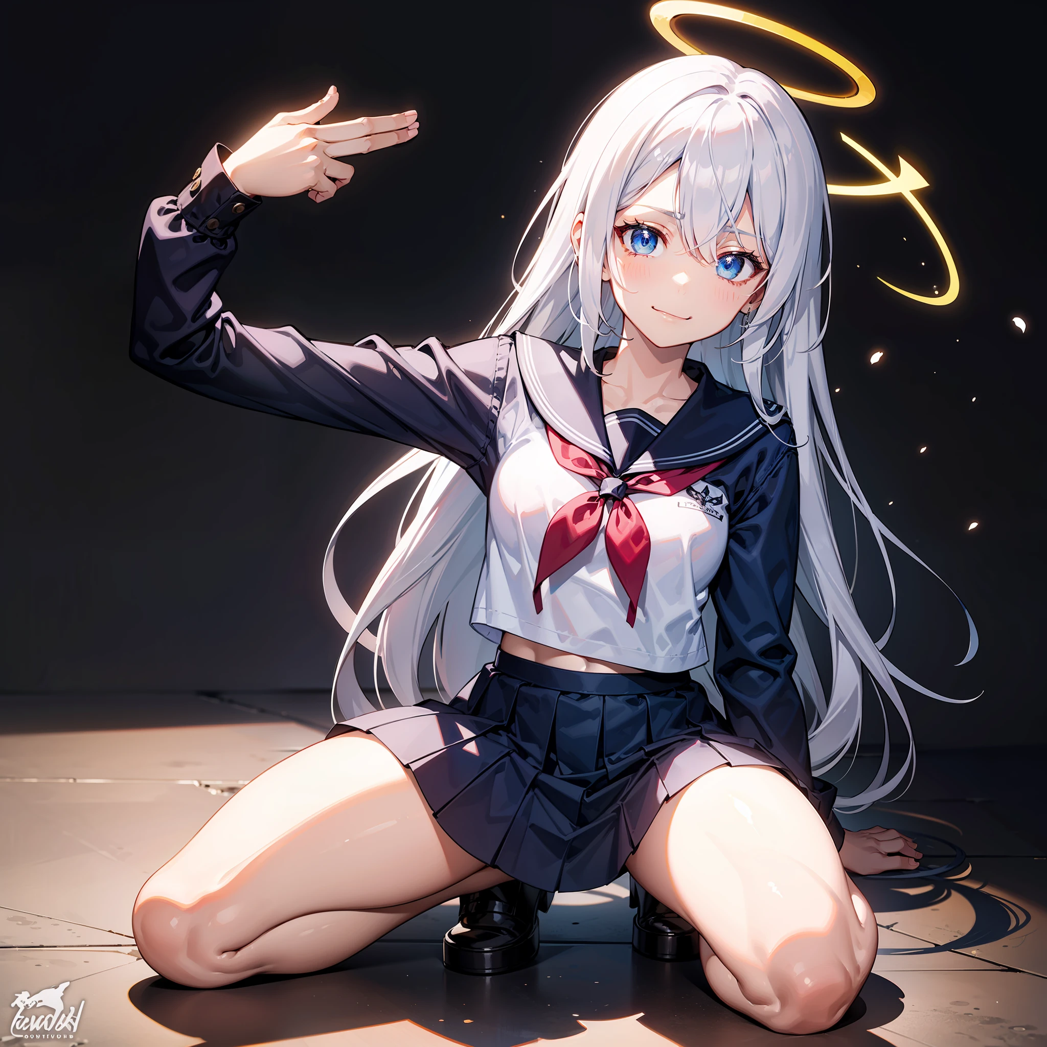 巨作, Best quality, 巨作,Best quality,offcial art,Extremely detailed CG unity 8k wallpaper, crepuscular, strong rimlight, intense shadow, Game_CG, girl, hair between eye, Blue eyes, Small breasts, tsurime, Long hair, White hair, Putting up with_face, Kneeling, Smug,, serafuku,fullllbody,,metal halo,a glowing halo,finger gun