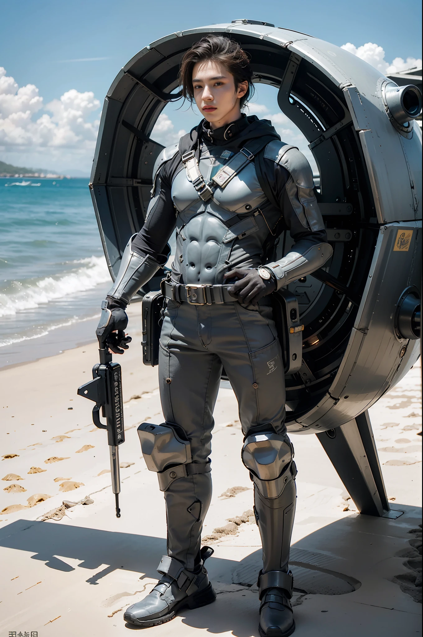 Best quality, delicate face, 25-year-old man, muscle body, body made of metal, small bust, metal structural skeleton, seaside, standing posture, beach, huge spaceship floating in the air, cyberpunk, sci-fi