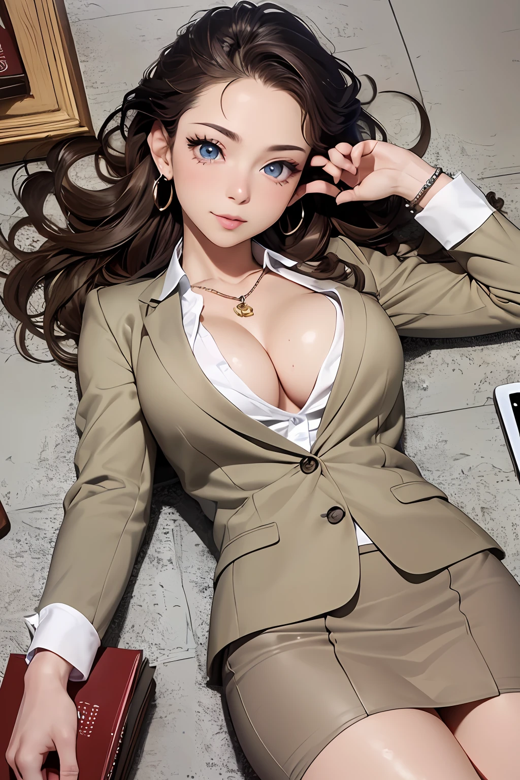 (masutepiece: 1.3), (max resolution: 1.2), (Ultra HDTV: 1.2), cinema lite, Ultra HDTV, (Detailed eyes and skin), (detailed facial features), ultgp, 8K resolution, Sharp Focus: 1.2, Perfect Style, Beautiful Face, accurate, Anatomically correct, Highly detailed face and skin texture, Detailed eyes, Dark-blue eyes, Double eyelids, Thin eyebrows, Glitter Eyeliner: 1.2, Natural cheeks, Glossy skin, Fair skin: 1.2, shiny little necklace and earrings, (Glossy lips: 1.4), break, absurderes, One-person viewpoint, (she is high school Teacher), (Wearing a Button up shirt, formal jackets, pencil skirts, high  heels), (Seductive smile: 1.2), (Staring at the viewer), ((a Innocent and cute girl:1.3)), (Layered hairstyle, Wavy Hair), (light brown hair:1.2), Medium Long Hair, (Full body shot: 1.2), Focus on Face, ((Very intimate relationships: 1.2)), large breasts, ((lying on the floor:1.2)), ((In An empty library)), (From directly above:1.2),