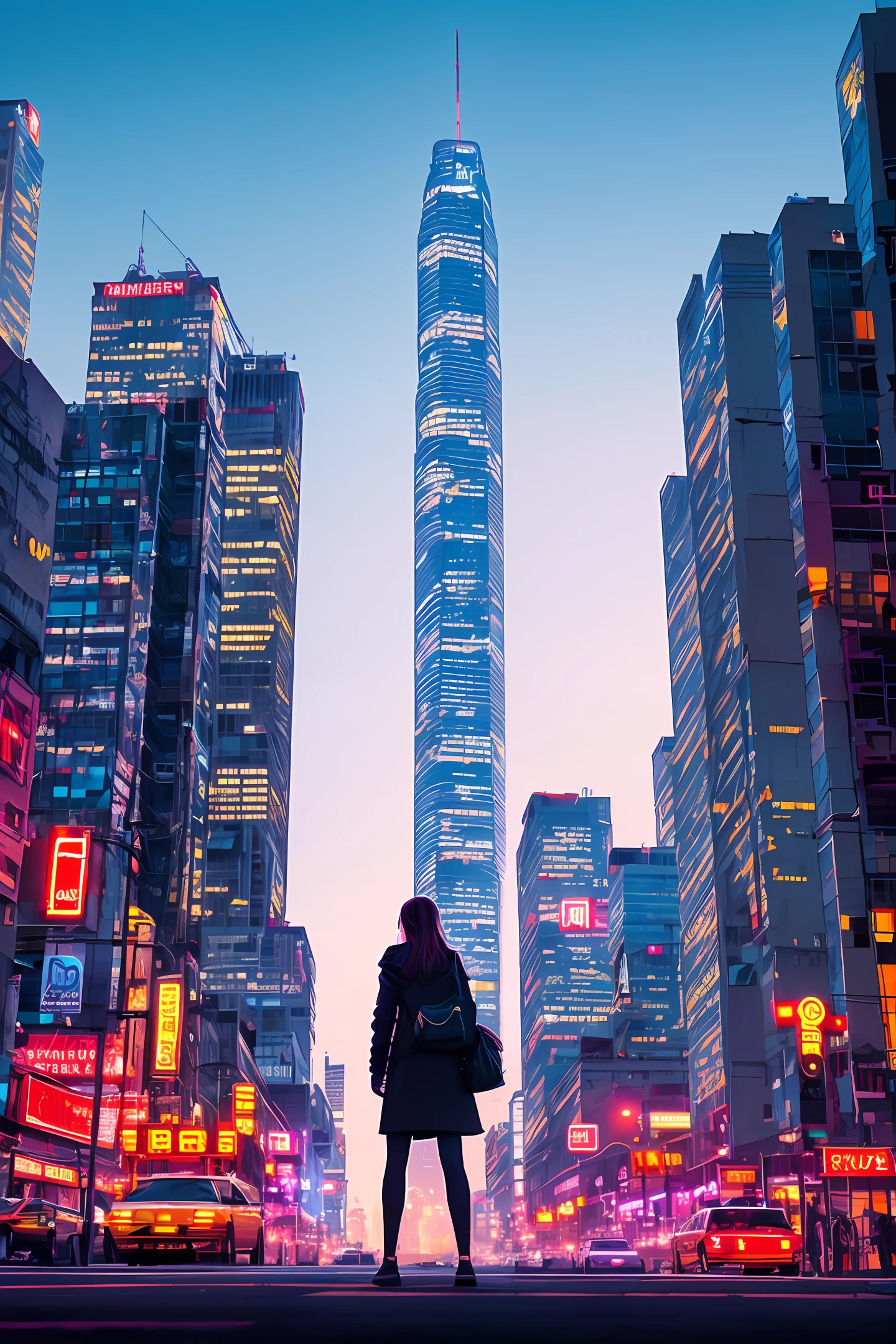 Generate an image of a modern urban setting with towering skyscrapers and bright neon lights at dusk. Add a main character standing in the foreground, with a determined expression on her face