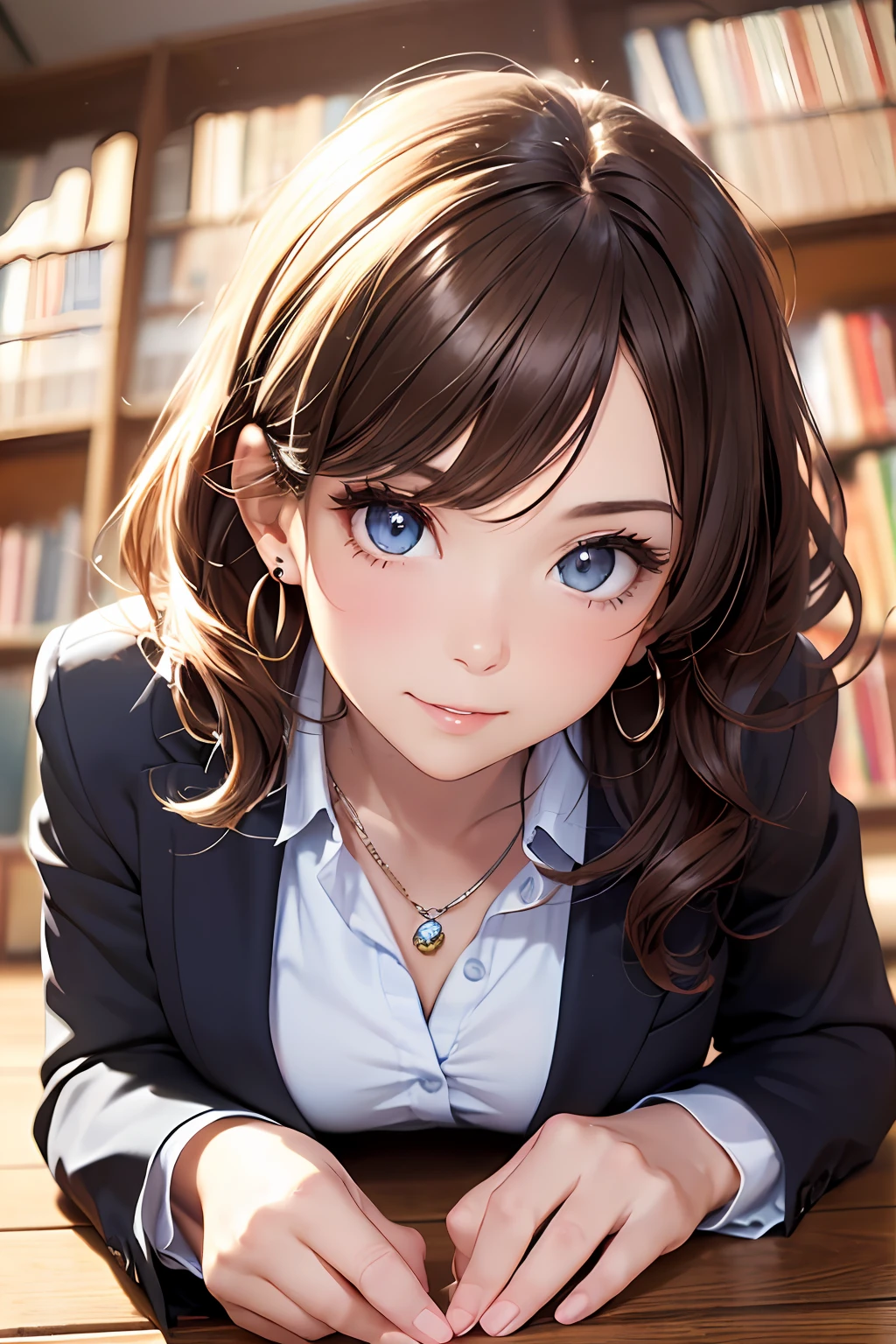 (masutepiece: 1.3), (max resolution: 1.2), (Ultra HDTV: 1.2), cinema lite, Ultra HDTV, (Detailed eyes and skin), (detailed facial features), ultgp, 8K resolution, Sharp Focus: 1.2, Perfect Style, Beautiful Face, accurate, Anatomically correct, Highly detailed face and skin texture, Detailed eyes, Dark-blue eyes, Double eyelids, Thin eyebrows, Glitter Eyeliner: 1.2, Natural cheeks, Glossy skin, Fair skin: 1.2, shiny little necklace and earrings, (Glossy lips: 1.4), break, absurderes, One-person viewpoint, (she is high school Teacher), (Wearing a Button up shirt, formal jackets, pencil skirts, high heels), (Seductive smile: 1.2), (Staring at the viewer), ((a Innocent and cute girl:1.3)), (Layered hairstyle, Wavy Hair), (light brown hair:1.2), Medium Long Hair, (Full body shot: 1.2), Focus on Face, ((Very intimate relationships: 1.2)), large breasts, ((lying on the floor:1.2)), ((In An empty library)), (From directly above:1.2),
