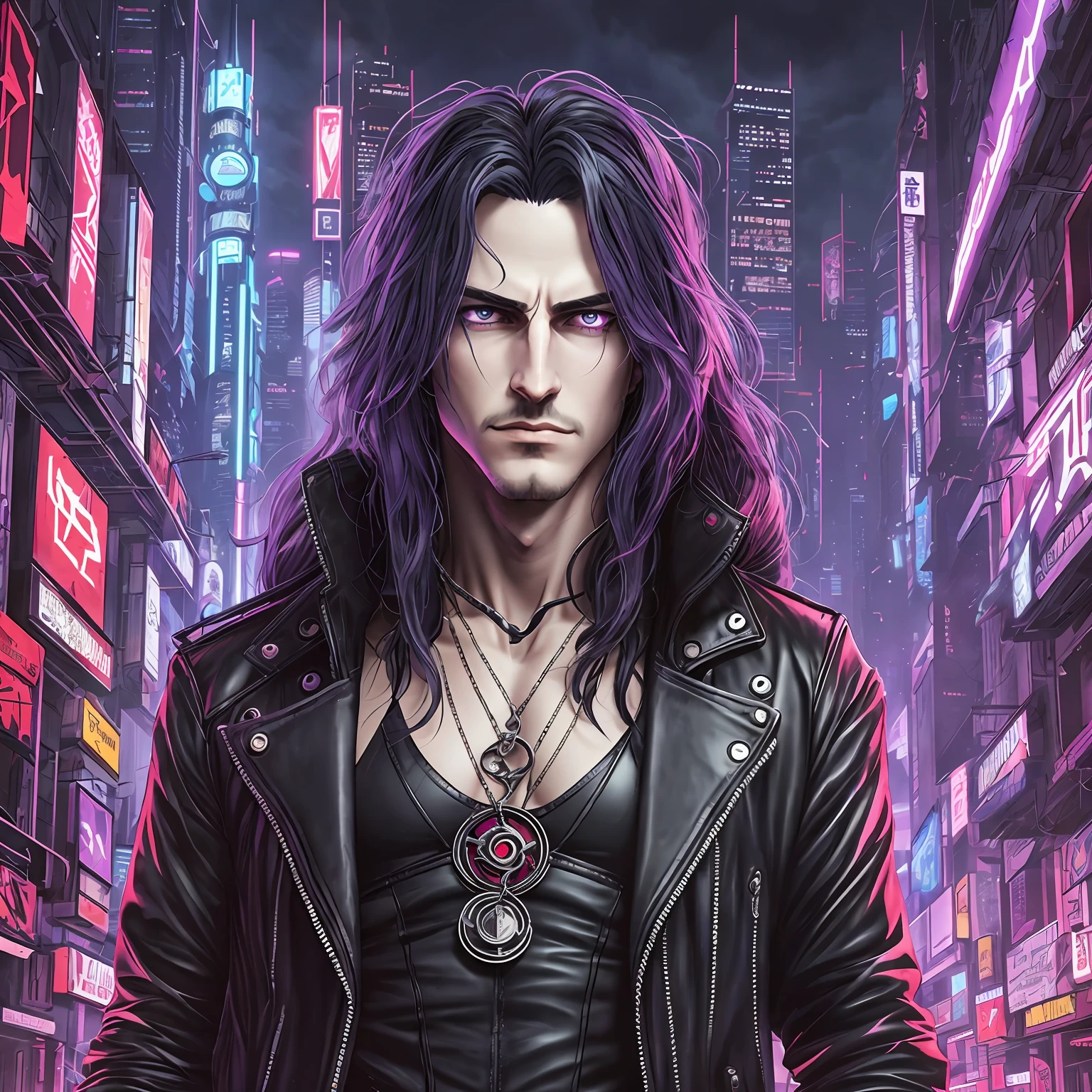 Um personagem oriental masculino de beleza cativante, with long, purple hair flowing in the wind and bright blue eyes full of determination, in a futuristic and technological setting, with towering skyscrapers and colorful neon lights, in the midst of a pulsating metropolis full of life, transmitting an atmosphere of energy and advancement, captured in a high-resolution photograph, Using a telephoto lens to highlight details, --ar 16:9 --v fotografia --auto