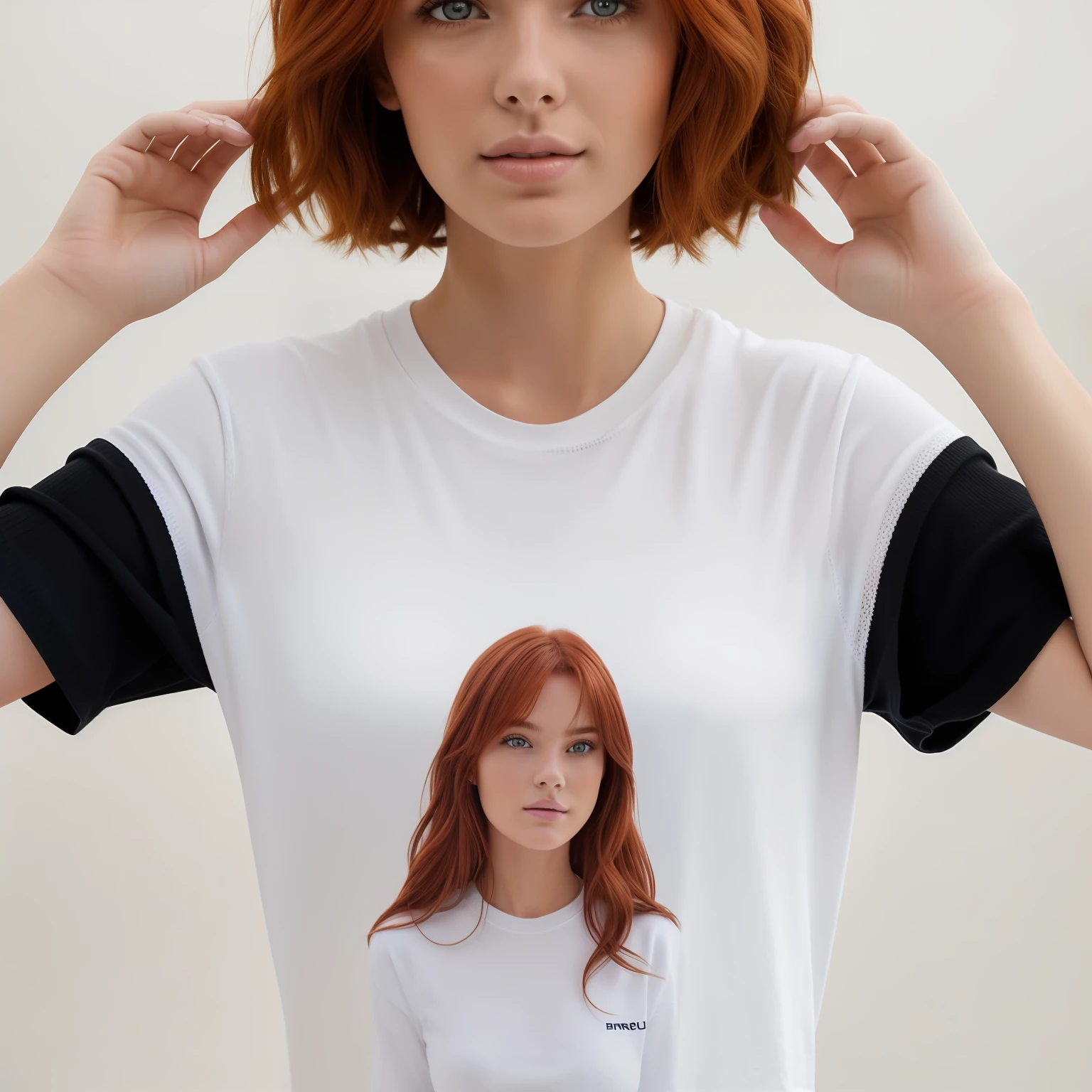 Photorealistic image in the front view of a red-haired female model posing for a T-shirt photo shoot. The model is wearing a knit tee, Tee de ((manga comprida)) branca. The model is looking at the camera, diferentes poses, (((fundo branco: 1.2))), --no graphic --no text, Centralizado