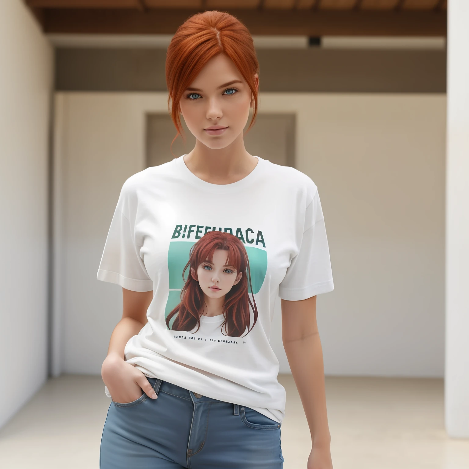 Photorealistic image in the front view of a red-haired female model posing for a T-shirt photo shoot. The model is wearing a knit tee, Tee de ((manga comprida)) branca. The model is looking at the camera, diferentes poses, (((fundo branco: 1.2))), --no graphic --no text, Centralizado