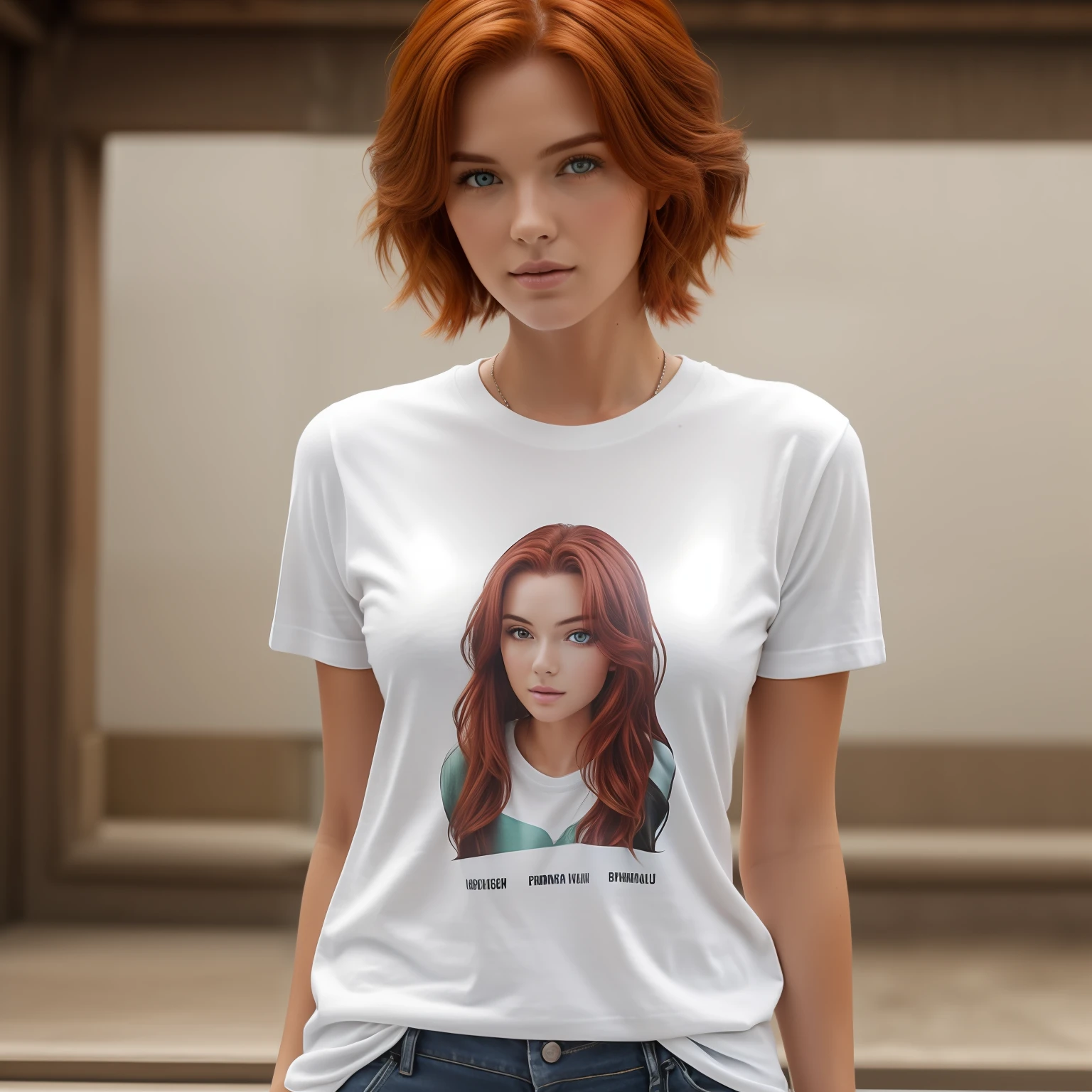 Photorealistic image in the front view of a red-haired female model posing for a T-shirt photo shoot. The model is wearing a knit tee, Tee de ((manga comprida)) branca. The model is looking at the camera, diferentes poses, (((fundo branco: 1.2))), --no graphic --no text, Centralizado