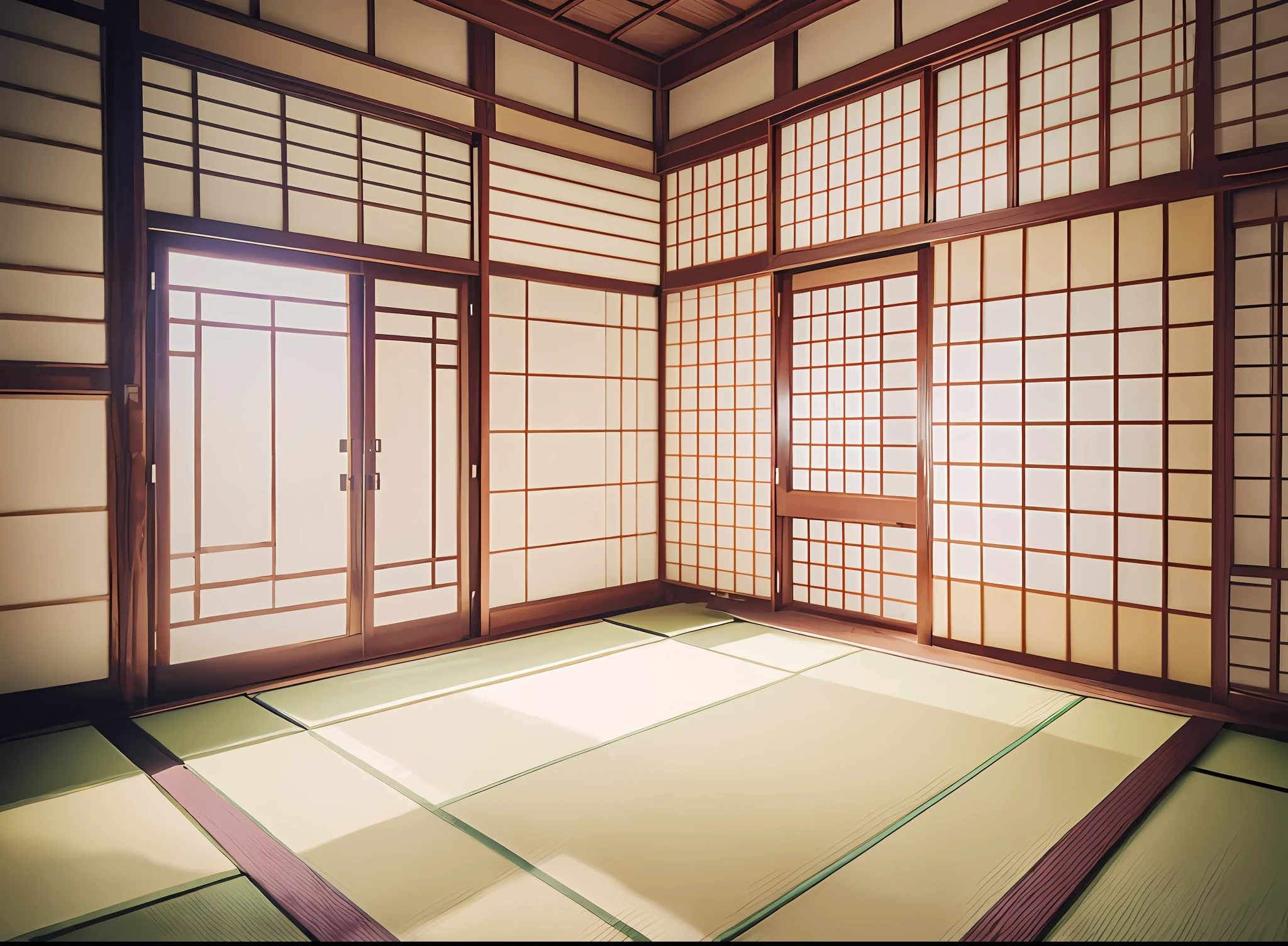 there is a room with a tata screen and a window, japanese house, traditional japanese, in a japanese apartment, Japanese style, in a dojo, tatami galaxy, japanese influences, traditional japanese colors, inspired by Shūbun Tenshō, inspired by Kanō Tanshin, inspired by Sesshū Tōyō, Japanese