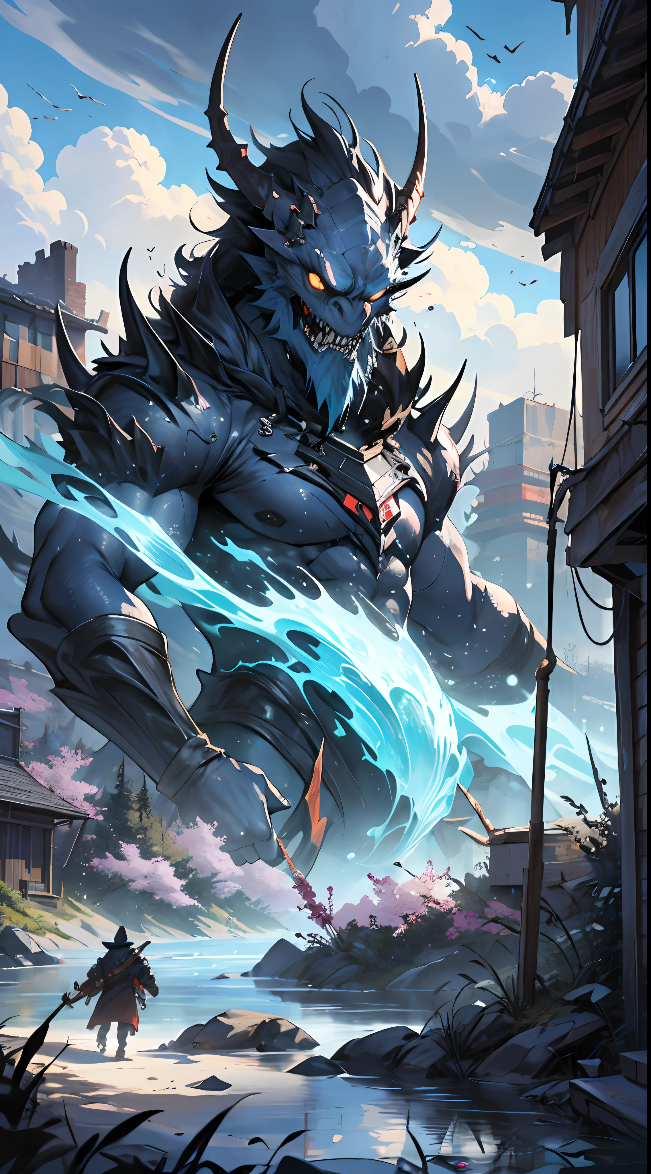 A blue spring emerges from the ground,The monsters became more and more furious,Black smoke,It was surrounded by a ruined landscape, 32K, Best quality, 巨作, Super detail, High Details