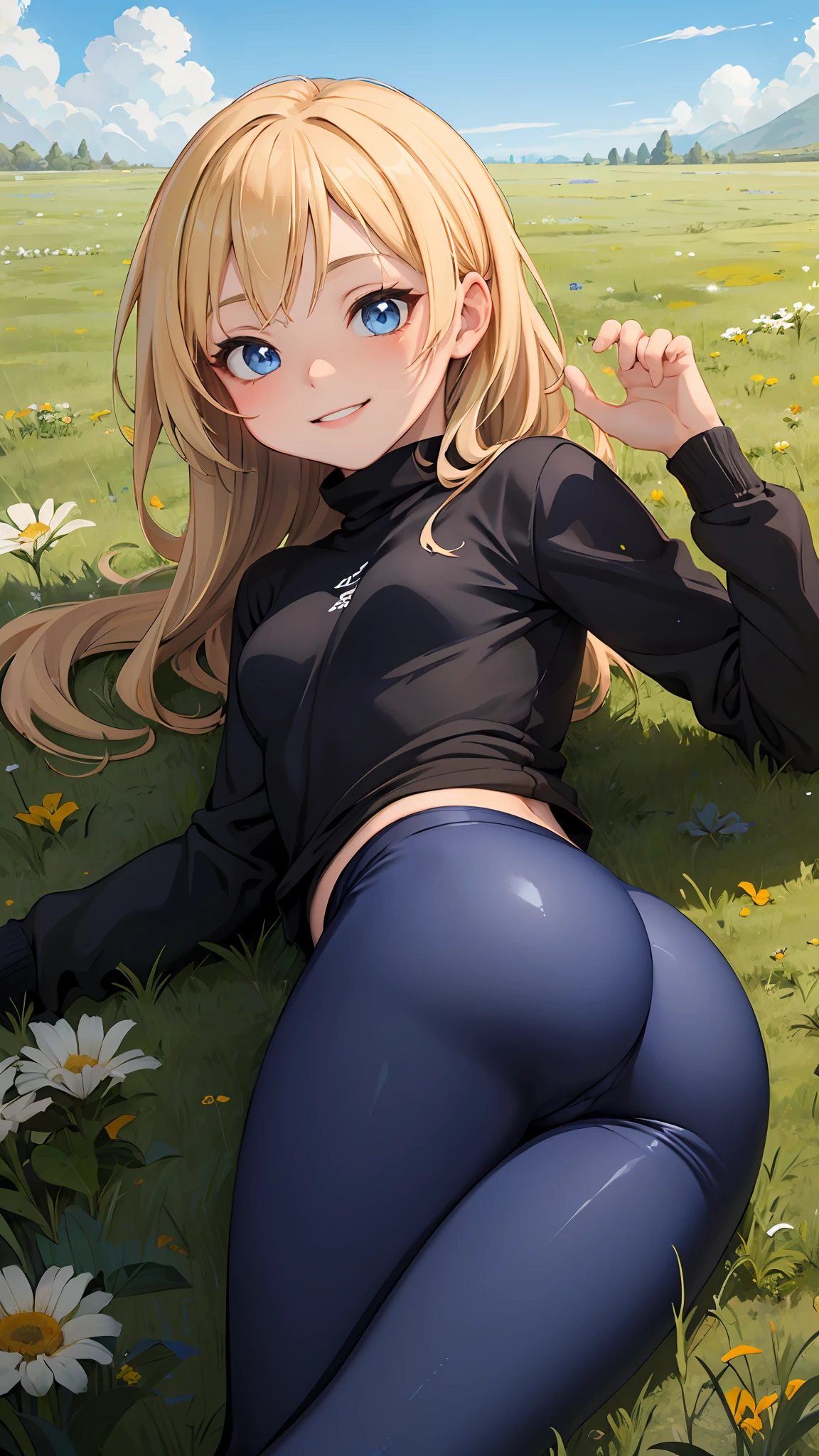 best quality, masterpiece, small breasts, smile, sweatshirt, leggings, outdoors, anime style, grass field, daytime, blue sky, blue eyes, detailed eyes, medium hair, blonde hair, loose hair, bangs, lying down, ass,