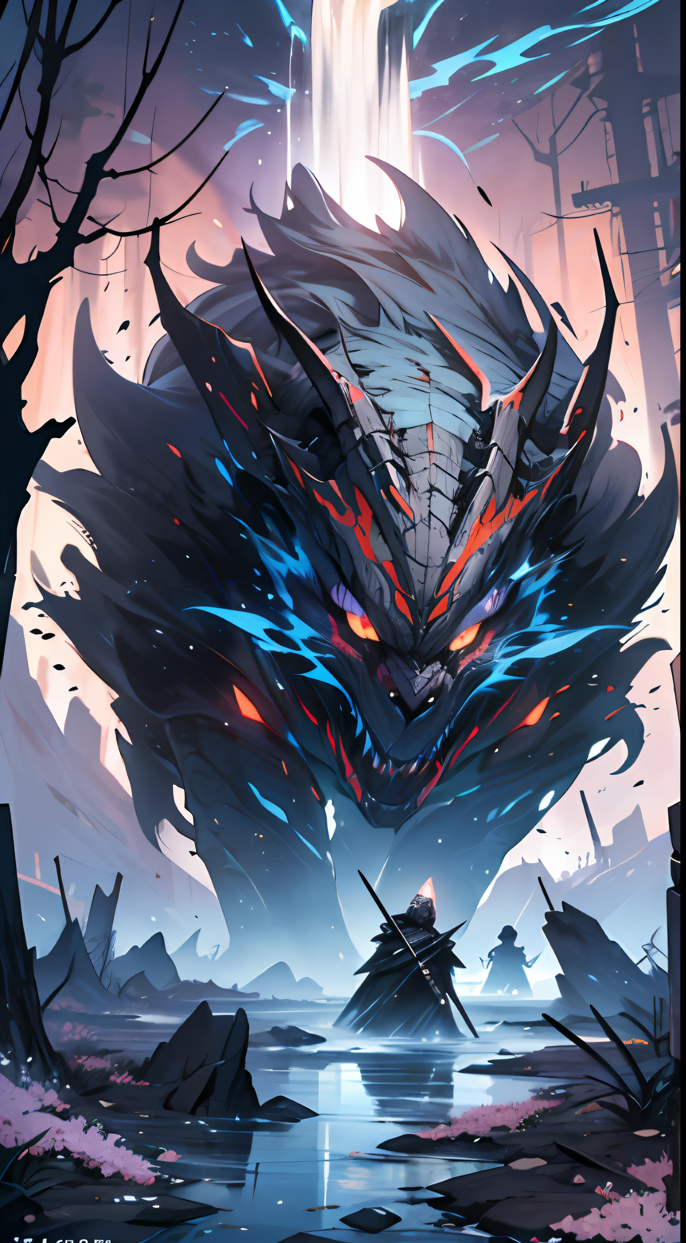 A blue spring is constantly coming out of the ground,It was surrounded by a ruined landscape,The evil spirits became more and more violent,They carry black smoke,Swarm towards the spring。, 32k, best quality, masterpiece, super detail, high details --no text fonts letters watermark w