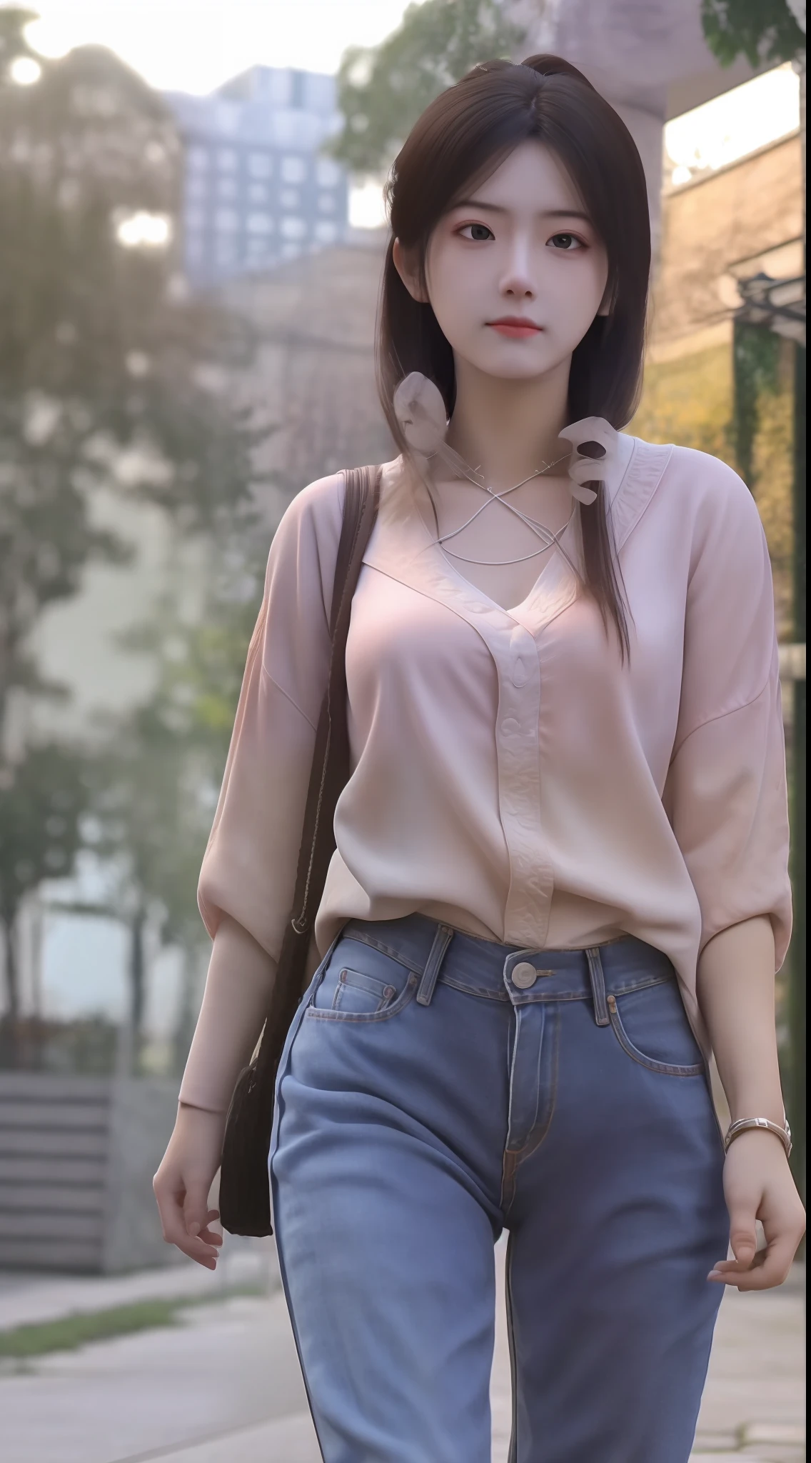 Sad theme , (best quality, masterpiece:1.2), 18yo beautiful girl walking in the city, white shirt and Jeans, , shoot the Sony a7,3.5 mm Lens, f 1.8 apature, lighting glow effect,no retouching,raw photo realistic, skin texture is very detail ,no makeup, background lighting is yellow, raining day,