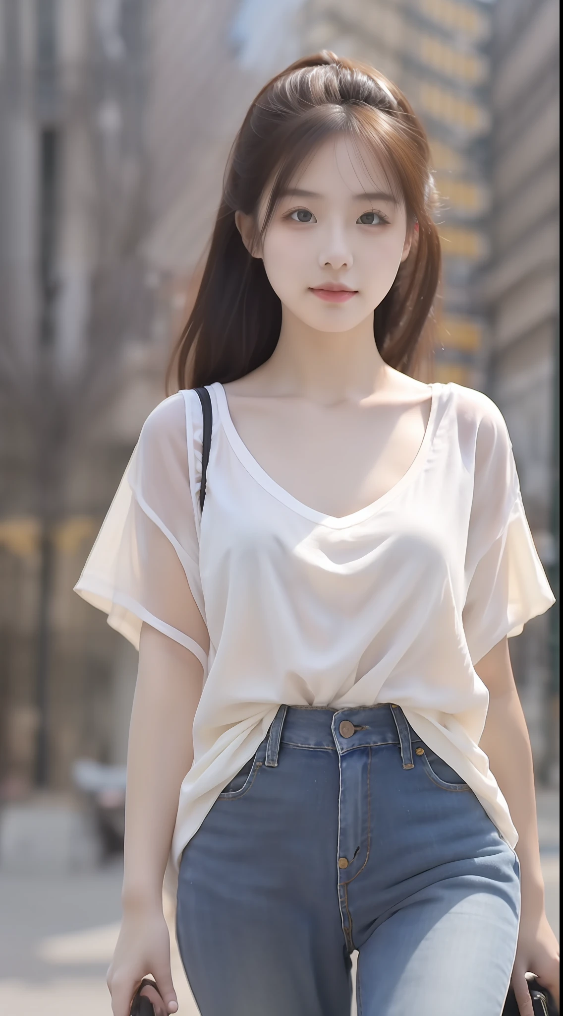 Sad theme , (best quality, masterpiece:1.2), 18yo beautiful  girl walking in the city, white shirt and Jeans, , shoot the Sony a7,3.5 mm Lens, f 1.8 apature, lighting glow effect,no retouching,raw photo realistic, skin texture is very detail ,no makeup, background lighting is yellow, raining day,