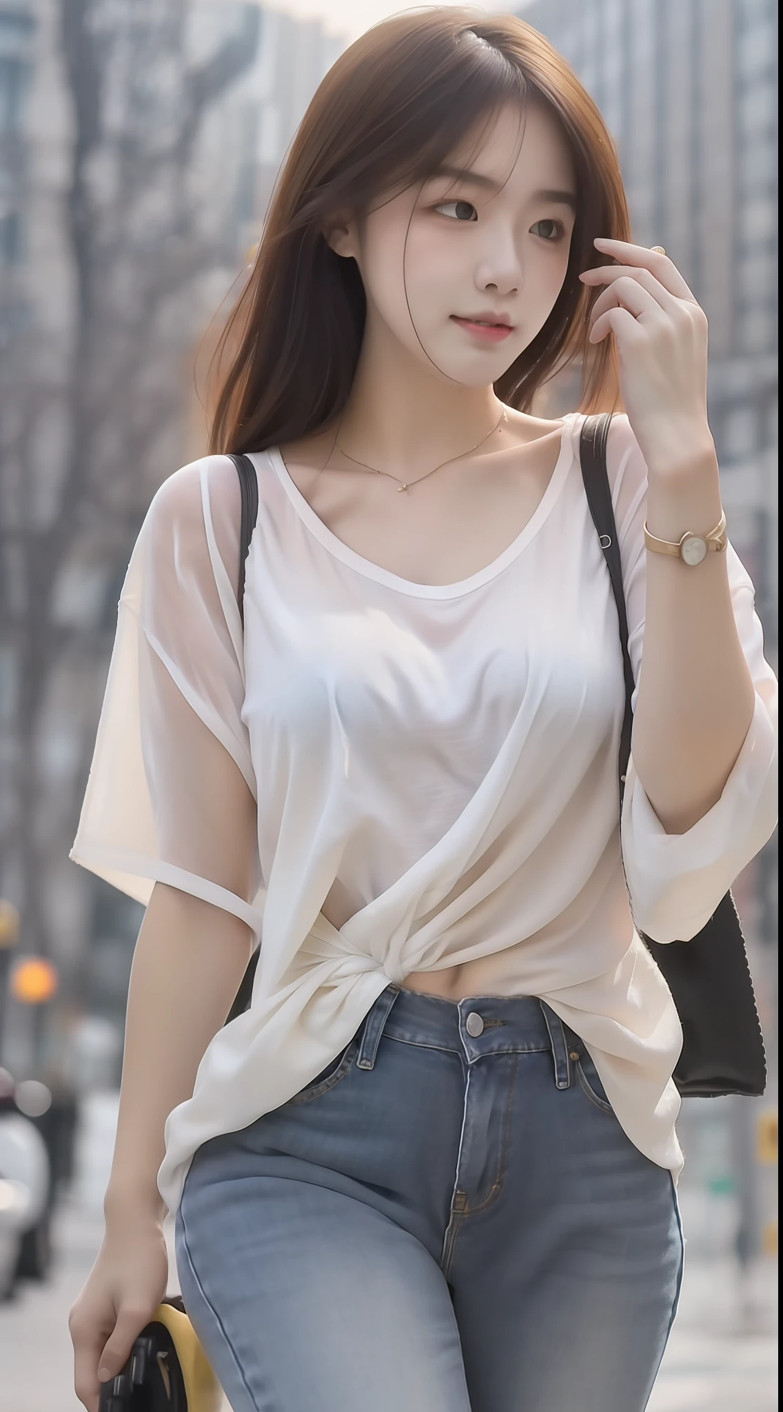 Sad theme , (best quality, masterpiece:1.2), 18yo beautiful girl walking in the city, white shirt and Jeans, , shoot the Sony a7,3.5 mm Lens, f 1.8 apature, lighting glow effect,no retouching,raw photo realistic, skin texture is very detail ,no makeup, background lighting is yellow, raining day,