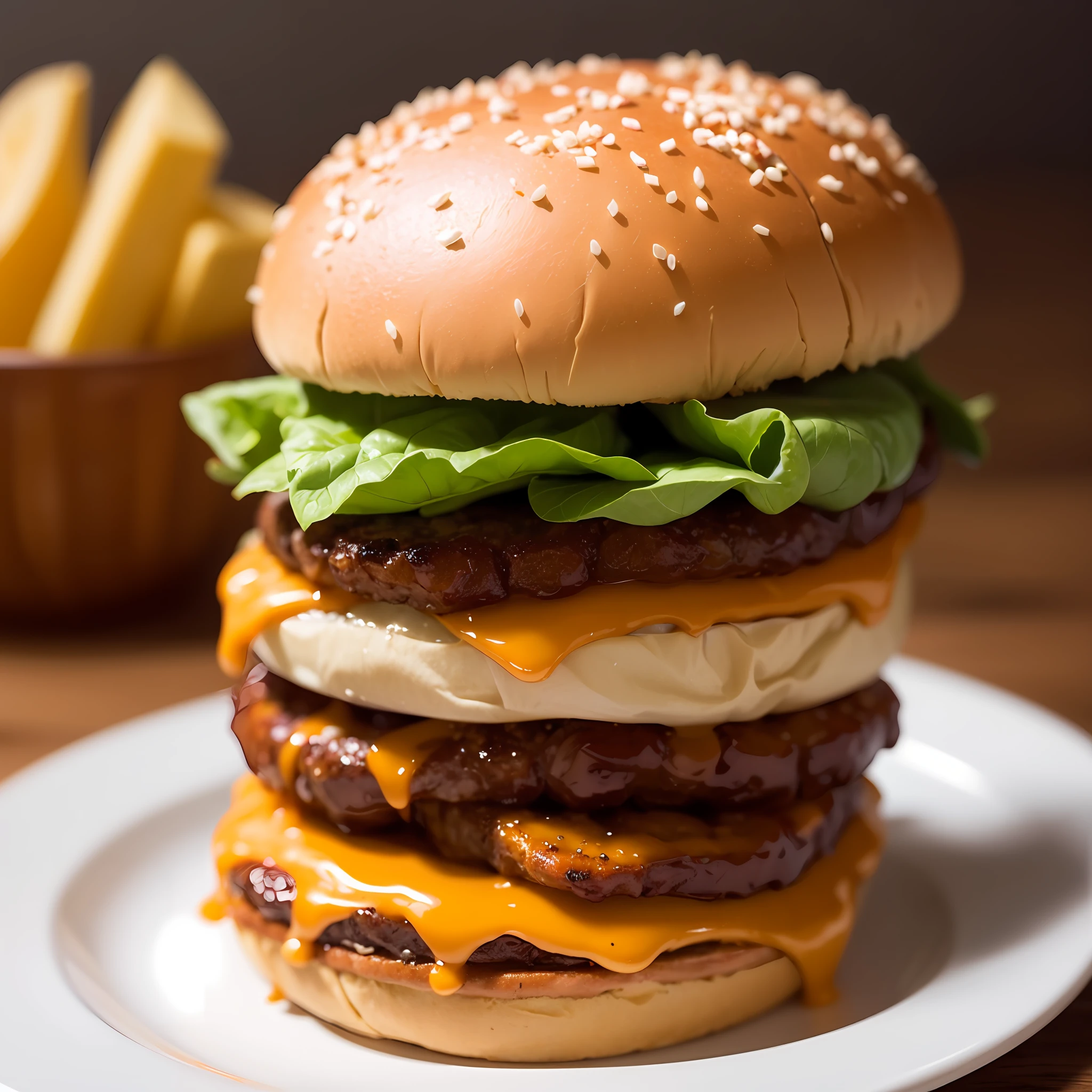 best quality, ultra high res, (photorealistic:1.4), ultra-detailed,incredibly detailed, big mac, fried meat, wet lettuce, melting cheese,
