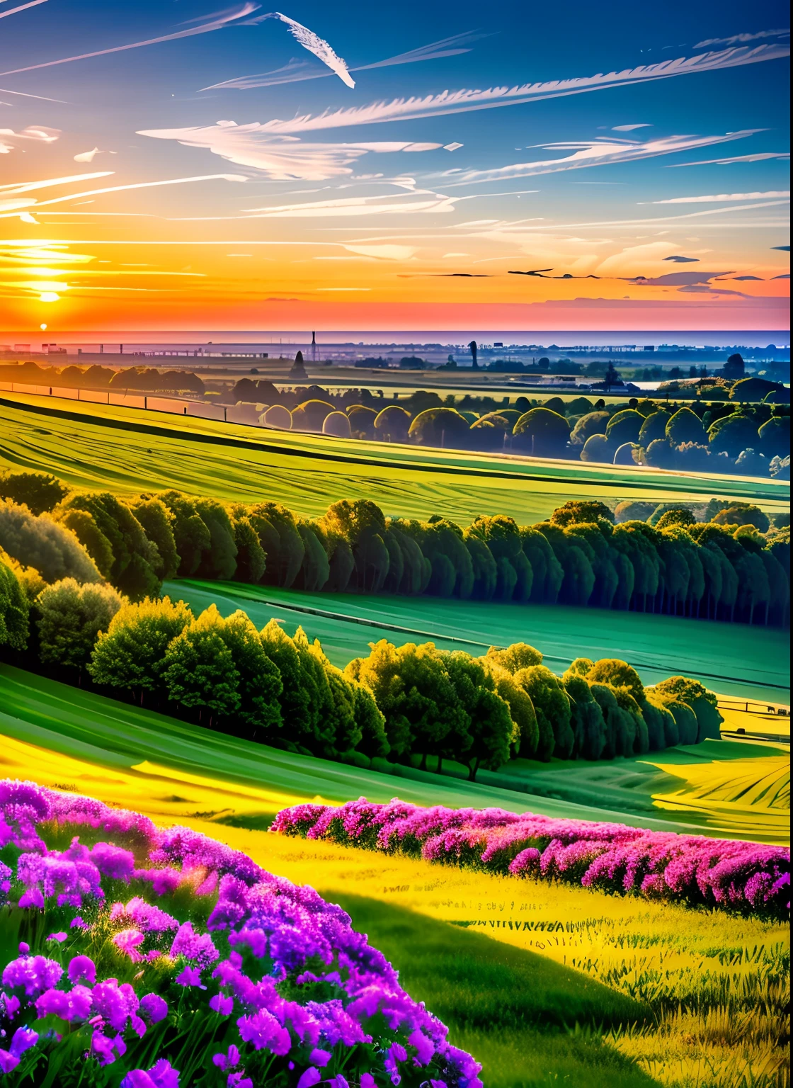 ((masterpiece, best quality)), multiple maidens, behind the vast and fantastic landscape, in the distance towering castles and minarets, with colorful clouds, multicolored flowers, nice dawn