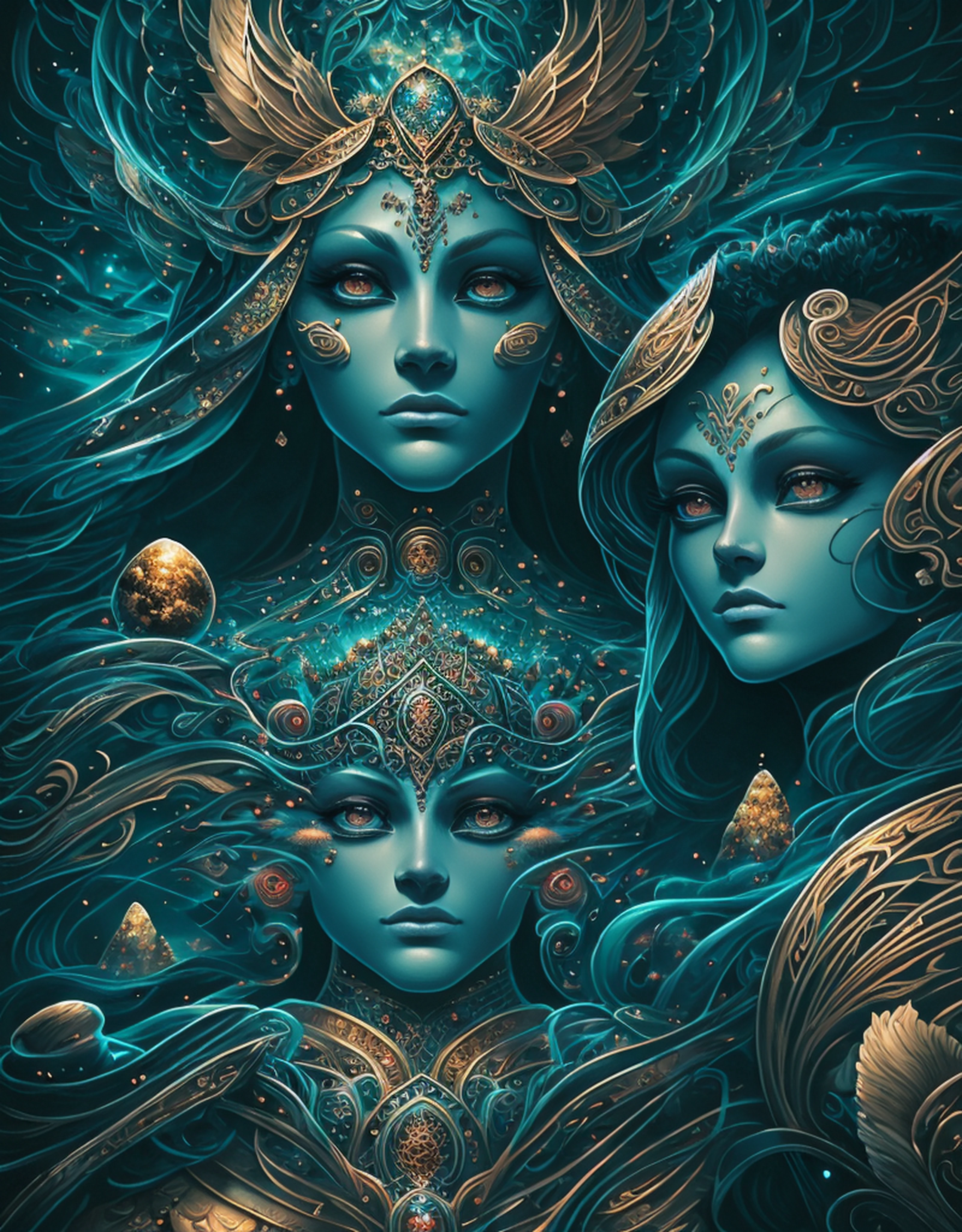 masterpiece), best surreal masterpiece, top quality, best quality, official art, beautiful and aesthetic:1.3) , blue skin godess and god  with their children ,extreme detailed,landscape and forest,colorful,highest detailed, official art, gold leaf ,glitter art ,unity 8k wallpaper, ultra detailed, beautiful and aesthetic, beautiful,fractal art, mystical and otherworldly, with intricate fur and piercing eyes, in the breathtaking mountain landscape of NCWinters ,alex grey ,psychedelic, dmt