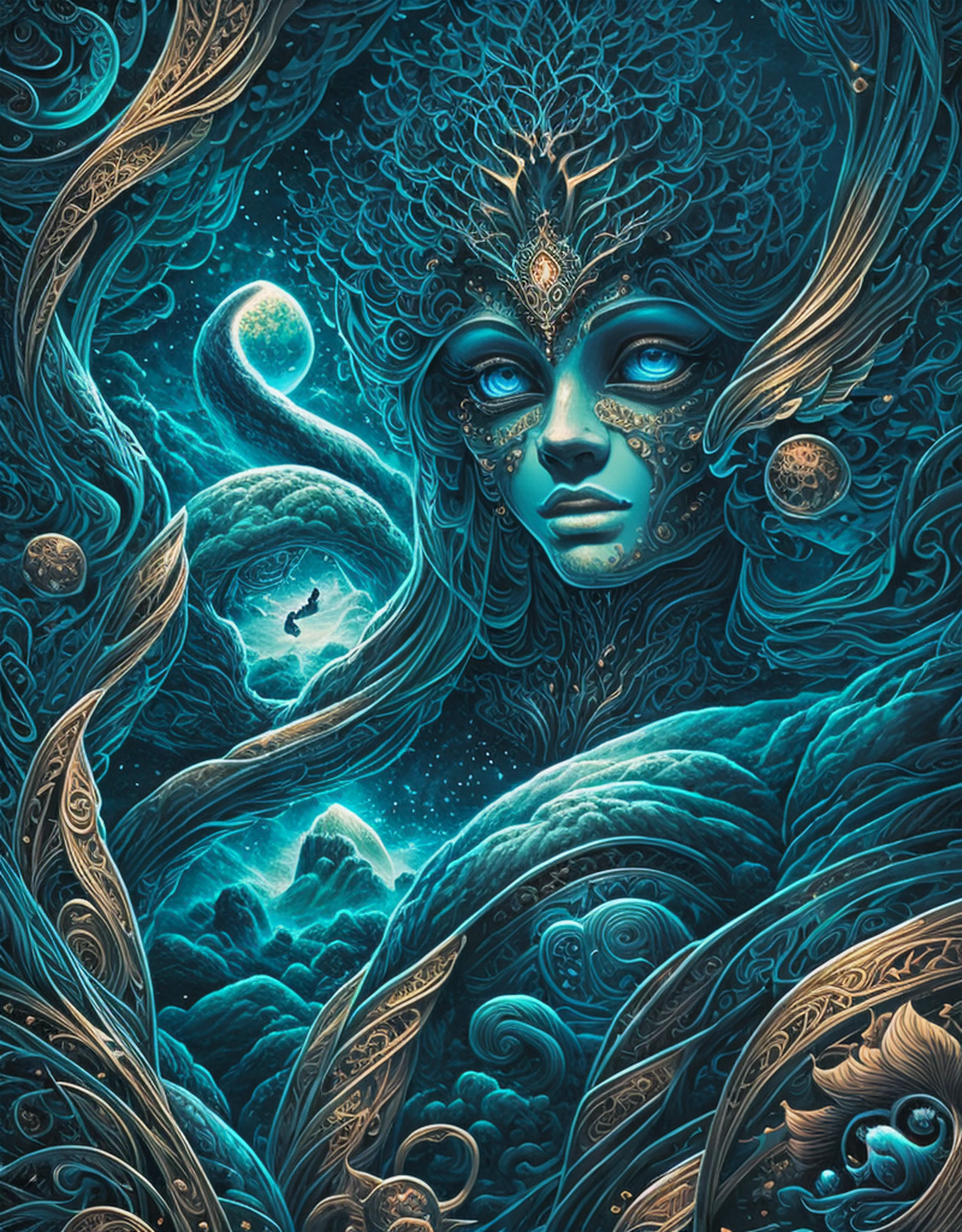 masterpiece), best surreal masterpiece, top quality, best quality, official art, beautiful and aesthetic:1.3) , blue skin godess and god  with their children ,extreme detailed,landscape and forest,colorful,highest detailed, official art, gold leaf ,glitter art ,unity 8k wallpaper, ultra detailed, beautiful and aesthetic, beautiful,fractal art, mystical and otherworldly, with intricate fur and piercing eyes, in the breathtaking mountain landscape of NCWinters ,alex grey ,psychedelic, dmt