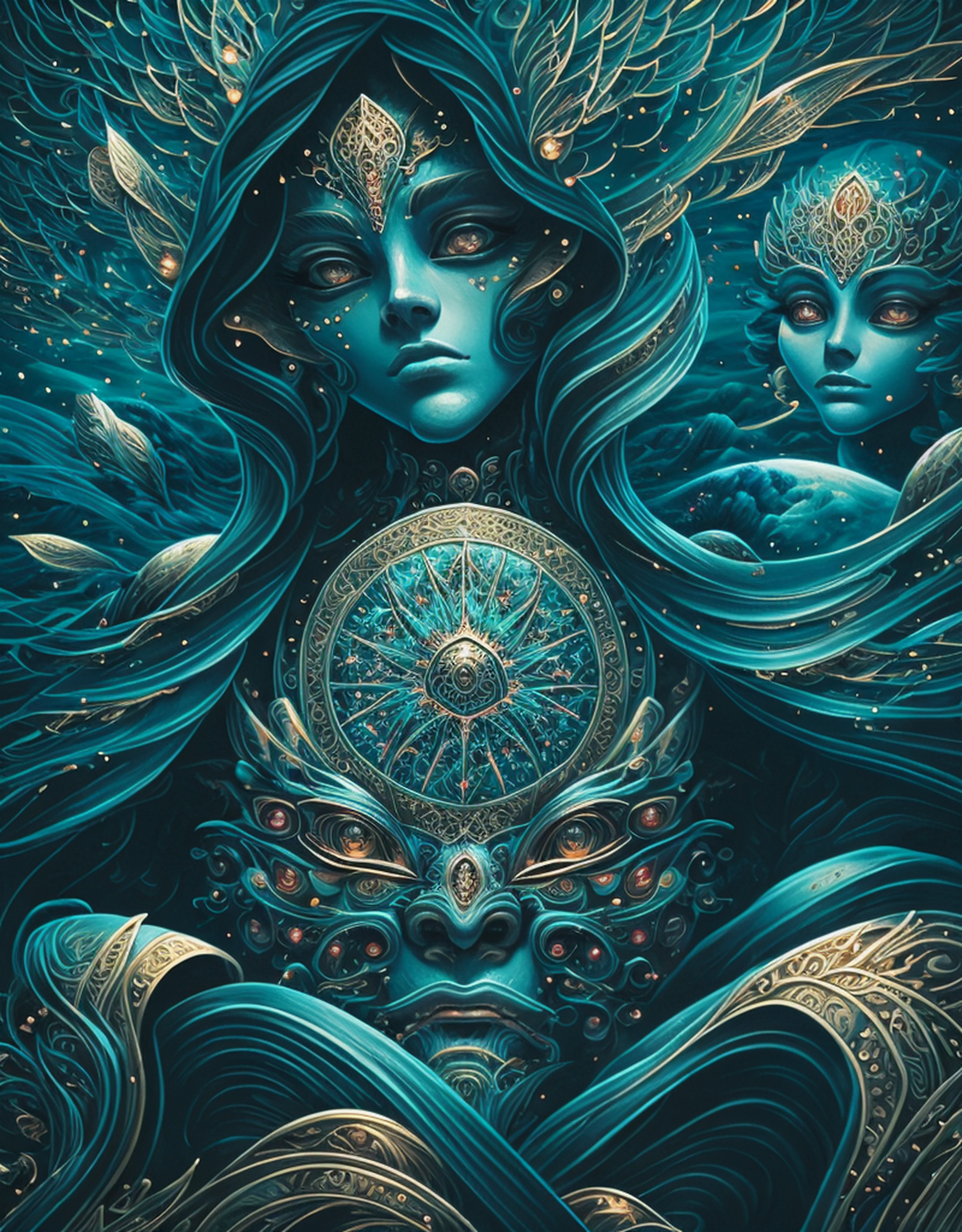 masterpiece), best surreal masterpiece, top quality, best quality, official art, beautiful and aesthetic:1.3) , blue skin godess and god with their children ,extreme detailed,landscape and forest,colorful,highest detailed, official art, gold leaf ,glitter art ,unity 8k wallpaper, ultra detailed, beautiful and aesthetic, beautiful,fractal art, mystical and otherworldly, with intricate fur and piercing eyes, in the breathtaking mountain landscape of NCWinters ,alex grey ,psychedelic, dmt