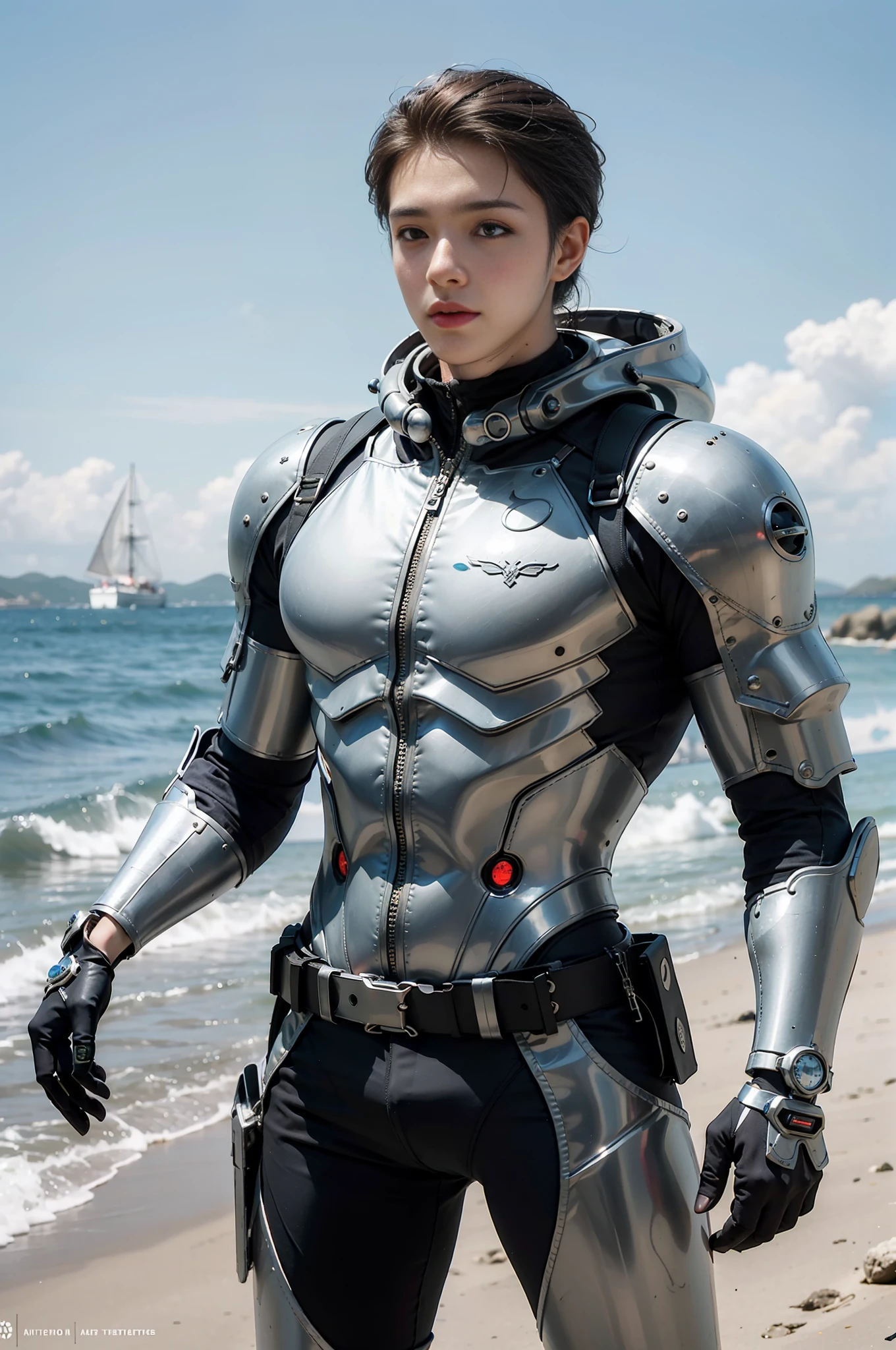 Best quality, delicate face, 25-year-old man, muscle body, body made of metal, small bust, metal structural skeleton, seaside, standing posture, beach, huge spaceship floating in the air, cyberpunk, sci-fi
