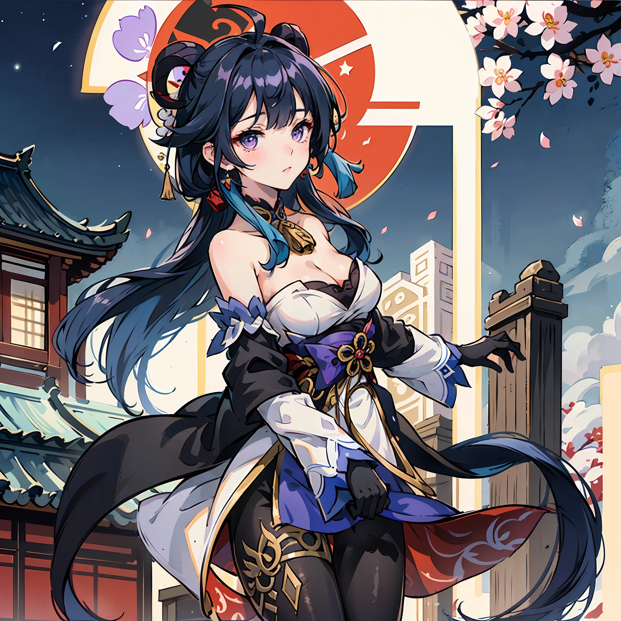 ganyu \(genshin impact\), 1girl, ahoge, architecture, bangs, bare shoulders, bell, black gloves, black pantyhose, ((blue hair)), blush, breasts, chinese knot, detached sleeves, east asian architecture, flower knot, gloves, horns, long hair, looking at viewer, medium breasts, neck bell, night, outdoors, pantyhose, purple eyes, sidelocks, solo, tassel, white sleeves, ((masterpiece)) --auto