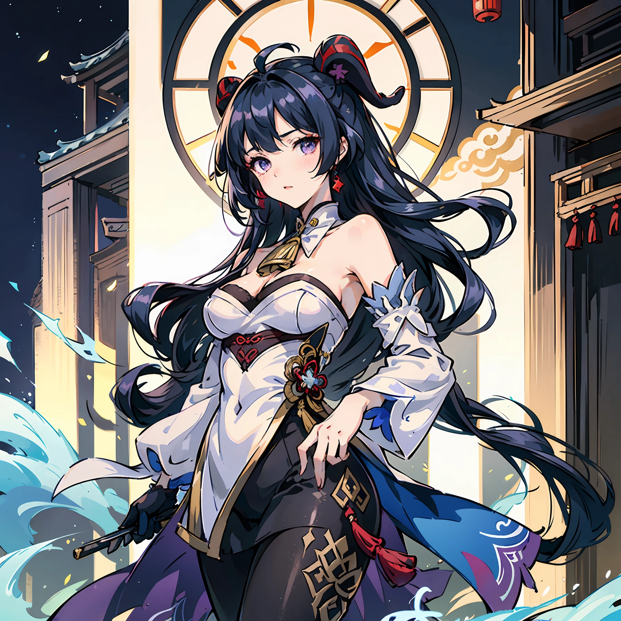 ganyu \(genshin impact\), 1girl, ahoge, architecture, bangs, bare shoulders, bell, black gloves, black pantyhose, ((blue hair)), blush, breasts, chinese knot, detached sleeves, east asian architecture, flower knot, gloves, horns, long hair, looking at viewer, medium breasts, neck bell, night, outdoors, pantyhose, purple eyes, sidelocks, solo, tassel, white sleeves, ((masterpiece)) --auto