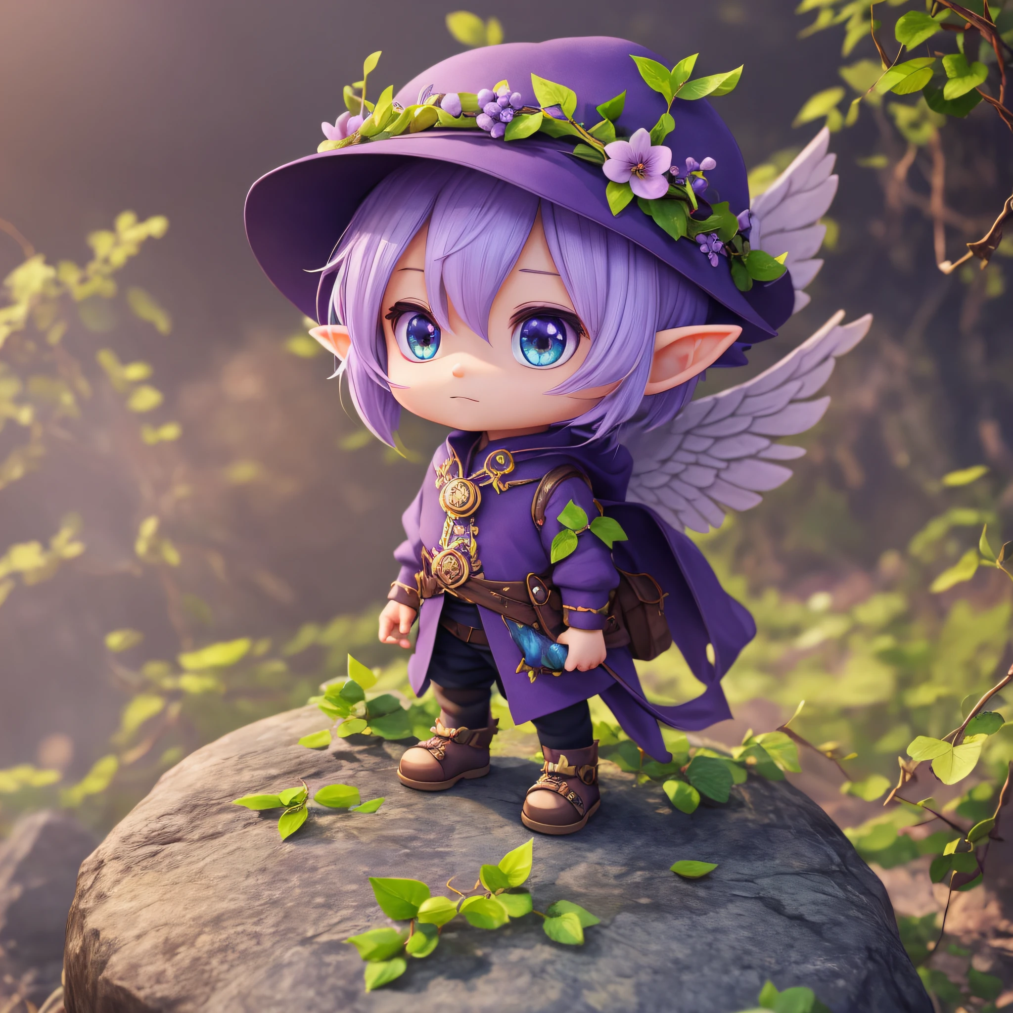 There is a little boy with elf ears standing on a rock, purple eyes, vines on a grape hat, wings on his back, vines on his body, cute digital painting, children's art in Artstation, cute 3 D rendering, cute detailed digital art, Guweiz style artwork, 3 D rendering stylization, realistic fantasy rendering, cute digital art, digital painting highly detailed, 3 D rendered character art 8 K, anime style 3d, cartoon IP image, blind box --auto --s2