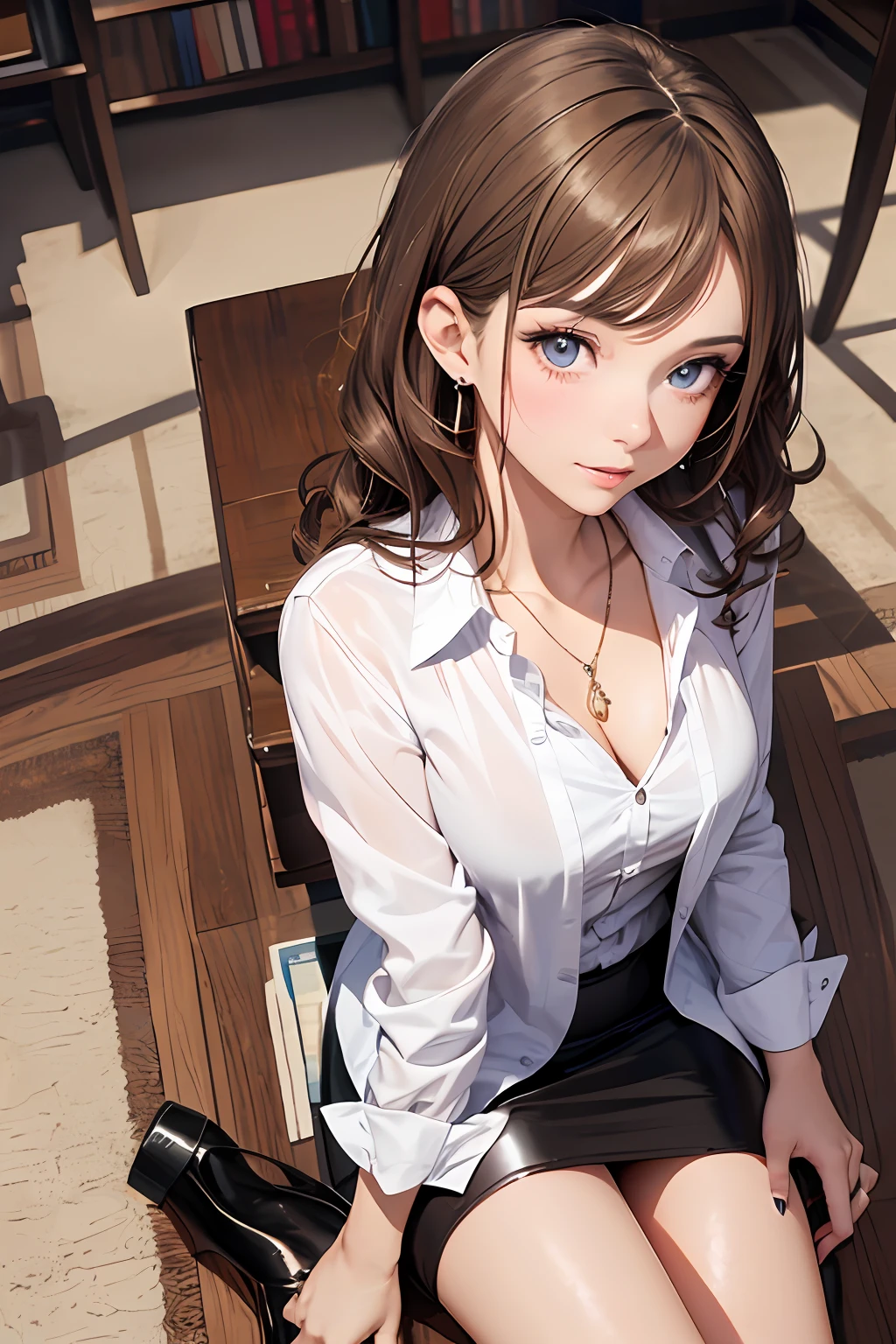 (masutepiece: 1.3), (max resolution: 1.2), (Ultra HDTV: 1.2), cinema lite, Ultra HDTV, (Detailed eyes and skin), (detailed facial features), ultgp, 8K resolution, Sharp Focus: 1.2, Perfect Style, Beautiful Face, accurate, Anatomically correct, Highly detailed face and skin texture, Detailed eyes, Dark-blue eyes, Double eyelids, Thin eyebrows, Glitter Eyeliner: 1.2, Natural cheeks, Glossy skin, Fair skin: 1.2, shiny little necklace and earrings, (Glossy lips: 1.4), break, absurderes, One-person viewpoint, (she is high school Teacher), (Wearing a Button up shirt, formal jackets, pencil skirts, high  heels), ( smile: 1.2), (Staring at the viewer), ((a Innocent and cute girl:1.3)), (Layered hairstyle, Wavy Hair), (light brown hair:1.2), Medium Long Hair, (Full body shot: 1.2), Focus on Face, ((Very intimate relationships: 1.2)), , ((lying on the floor:1.2)), ((armpits:1.2)), ((In An empty library)), (From directly above:1.2),