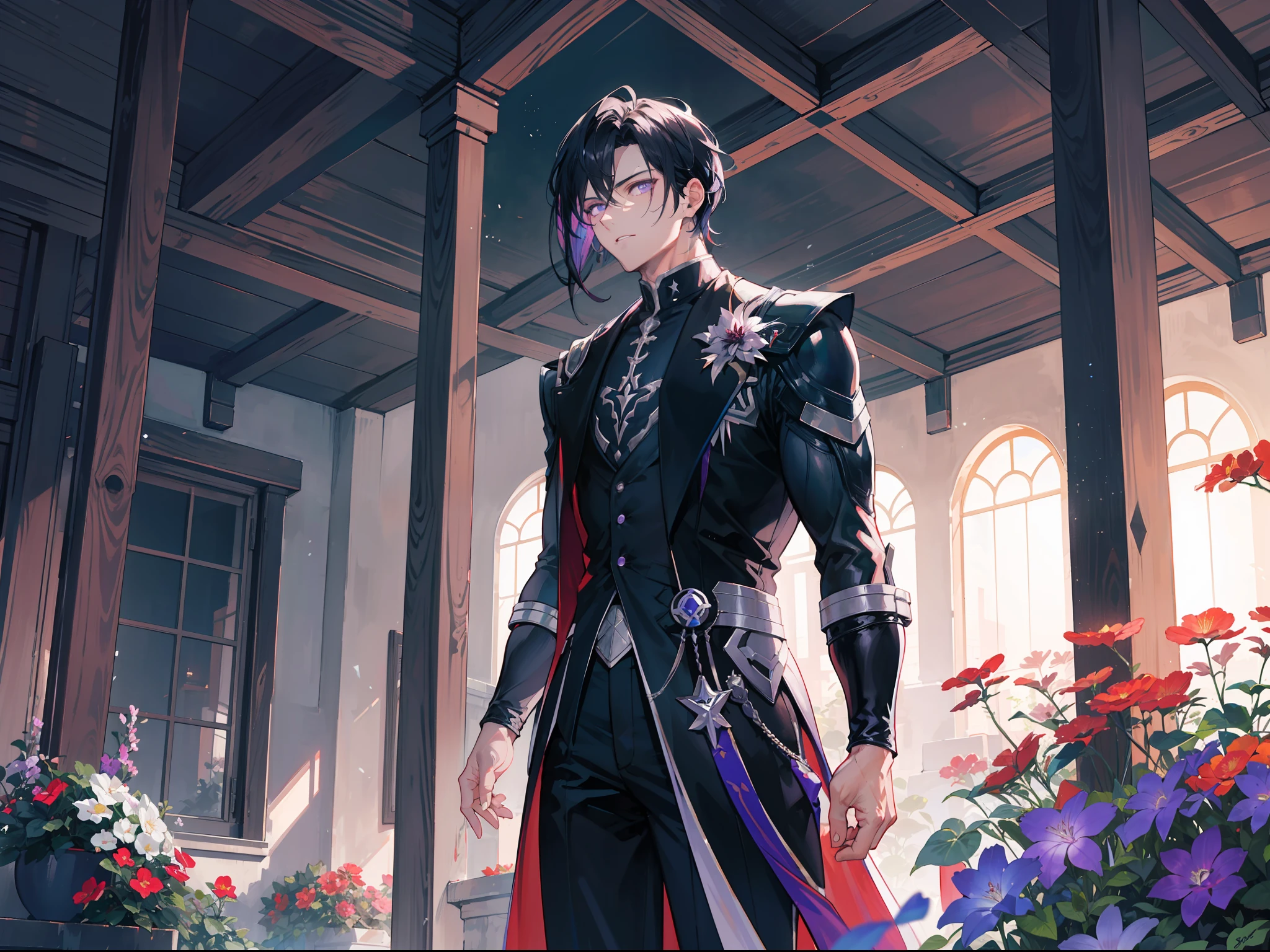 "Epic morning garden atmosphere, stunning 4k artwork featuring a confident mature man vibrant black hair. His captivating, glowing purple that illuminate the scene. He is God of Thunder."