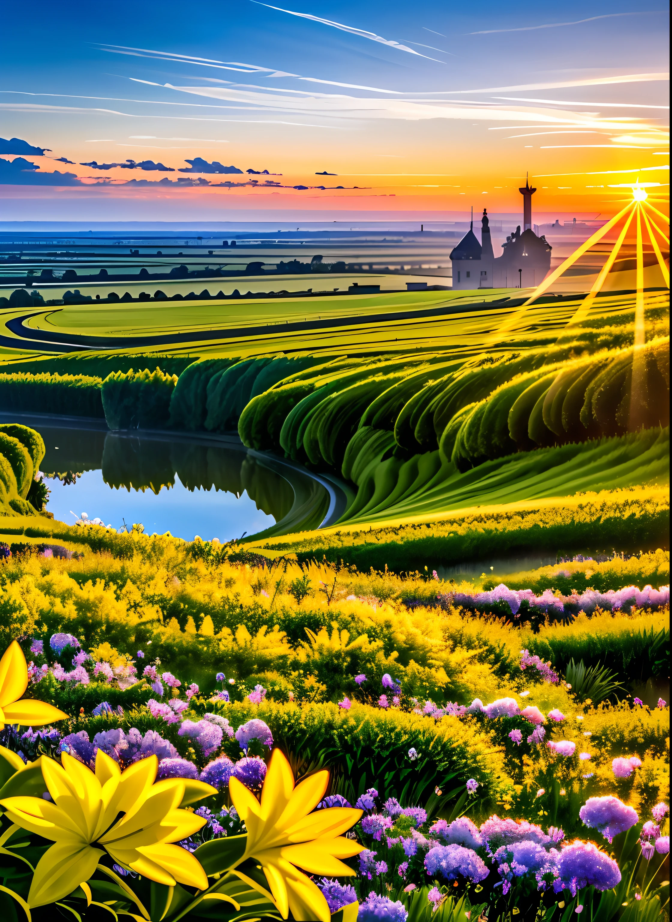 ((masterpiece, best quality)), multiple maidens, behind the vast and fantastic landscape, in the distance towering castles and minarets, with colorful clouds, multicolored flowers, nice dawn