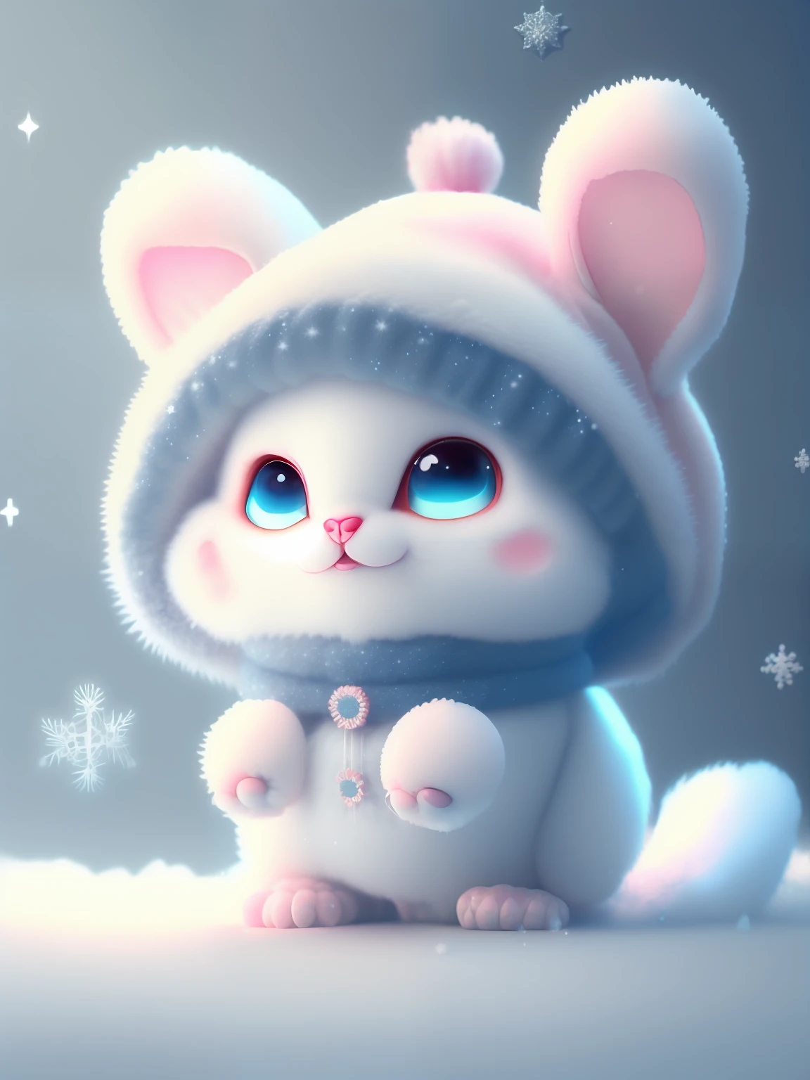 a cute little cat+Snow-white furry,Big bright eyes,A sweet smile,A sweet smile,Open-mouthed!!!,Dress up as a fashion model,Wearing a stylish suit with pink crystal texture,Hats and handbags,Snow white fluffy,Big bright eyes,Big bright eyes,standingn,Fluffy tail,Winter rises,The snow flutters gently,Extremely detailed 3D animation renders symmetrical center position, Super realistic, super detailing, posh, 3, 电影灯光, ultra clear details, Ultra-transparent material, Close-up of, complex texture, rendering by octane, zbrush, 8K, Ultra-realistic UREAL,Open-mouthed!!!,rightward!!!