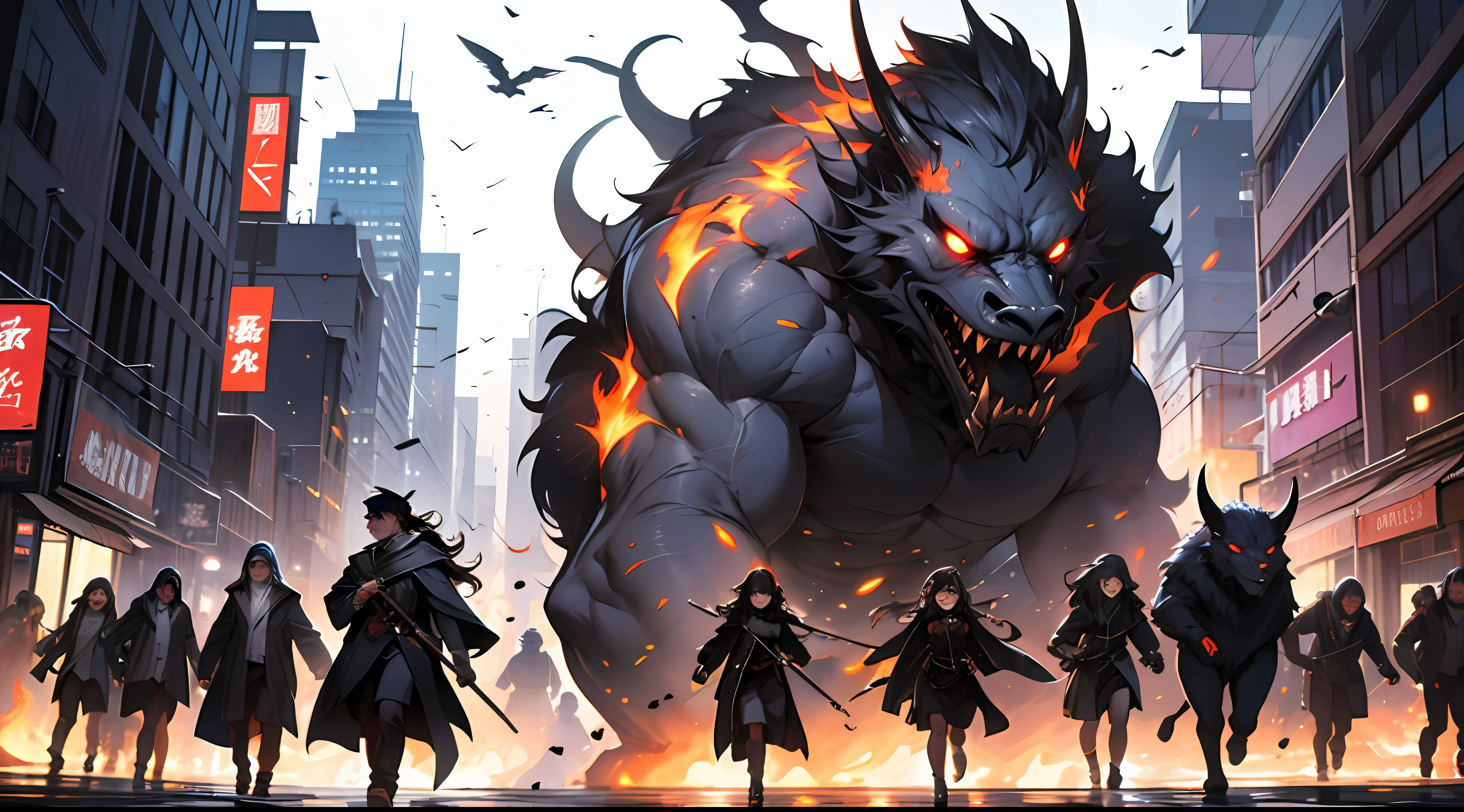 Hundreds of ghosts and monsters，rampage，They carry black smoke，Flock into the city towards the spring。, 32K, Best quality, 巨作, Super detail, High Details