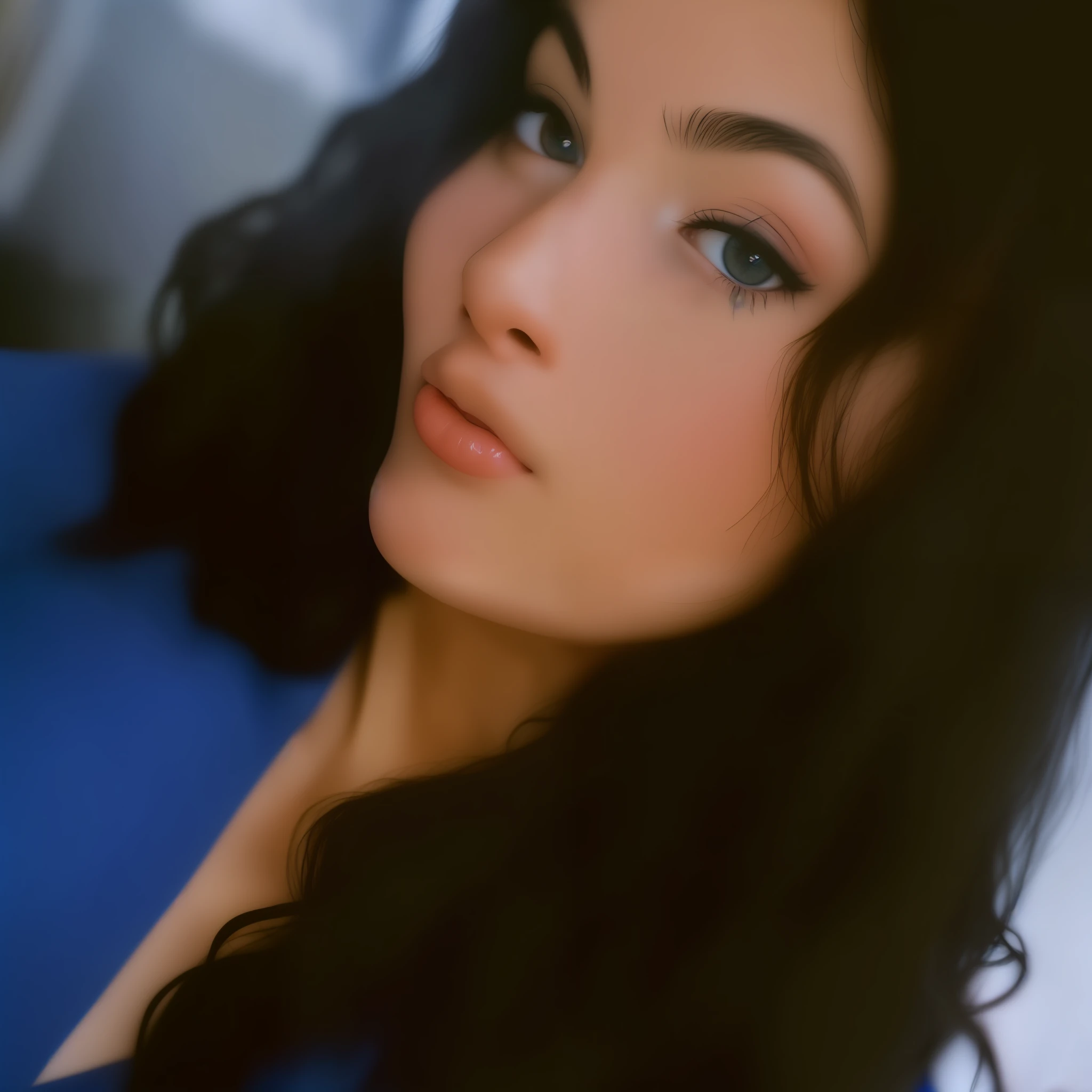 there is a woman with long hair and a blue shirt, seu rosto emoldurado com cachos, tons de laranja e azul, tons de azul e laranja, imagem de perfil, Parece Laura Barriales, com olhos assombrados e cabelos cacheados, cabelos cacheados, Alanis Guillen, foto do perfil, selfie de uma jovem mulher, cabelos escuros cacheados, encaracolado, com cachos, lindo rosto latino